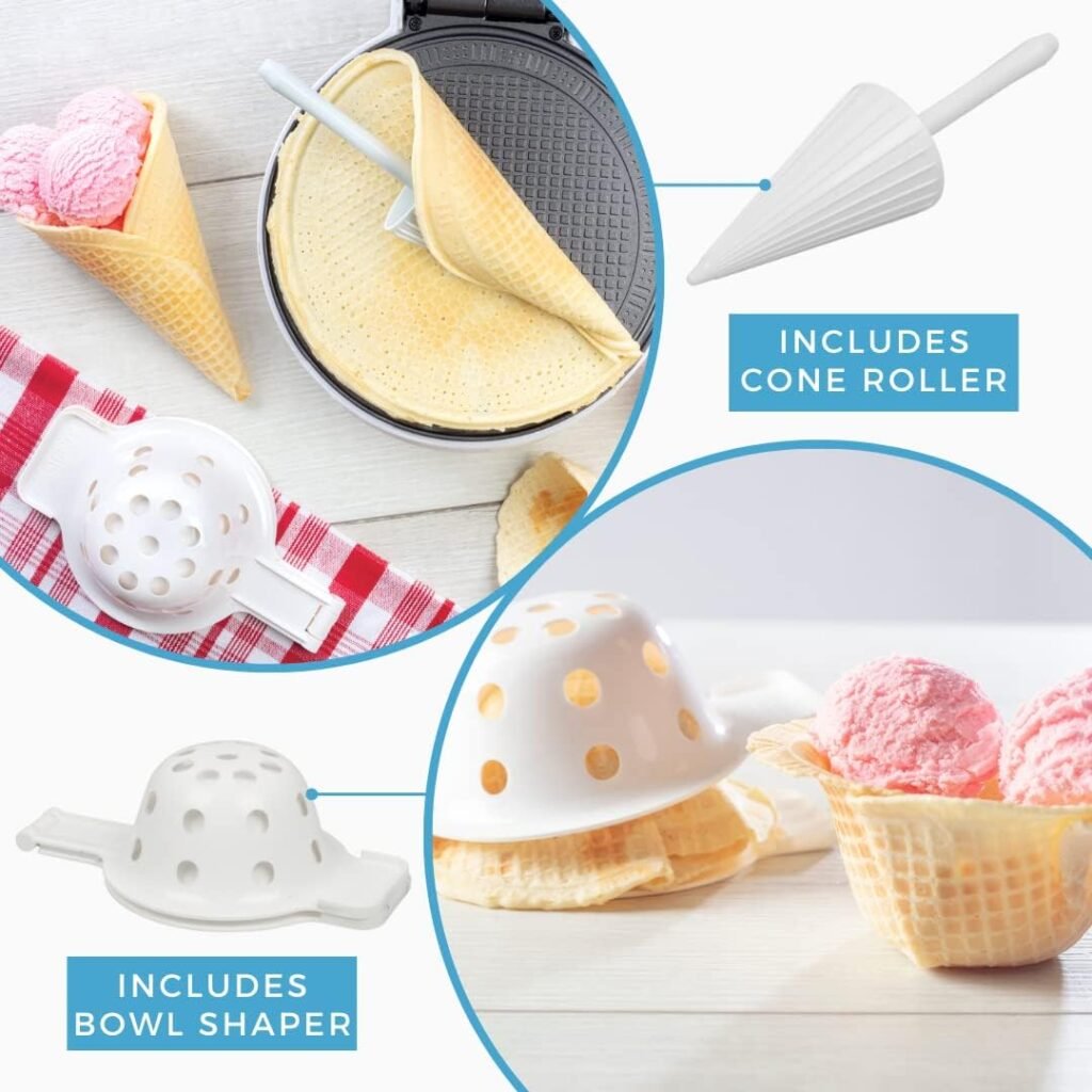 Waffle Cone and Bowl Maker for Homemade Ice Cream Cones - Includes Shaper Roller  Bowl Press - Electric Nonstick Waffler Iron Machine, Holiday Dessert Fun, Unique Birthday Gift Treat for Kids, Adults