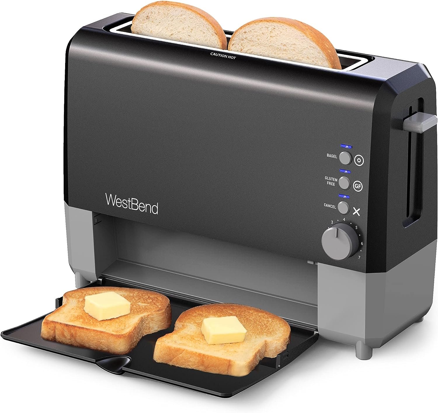 West Bend 77224 Toaster 2 Slice QuikServe Wide Slot Slide Through with Bagel and Gluten-Free Settings and Cool Touch Exterior Includes Removable Serving Tray, Black