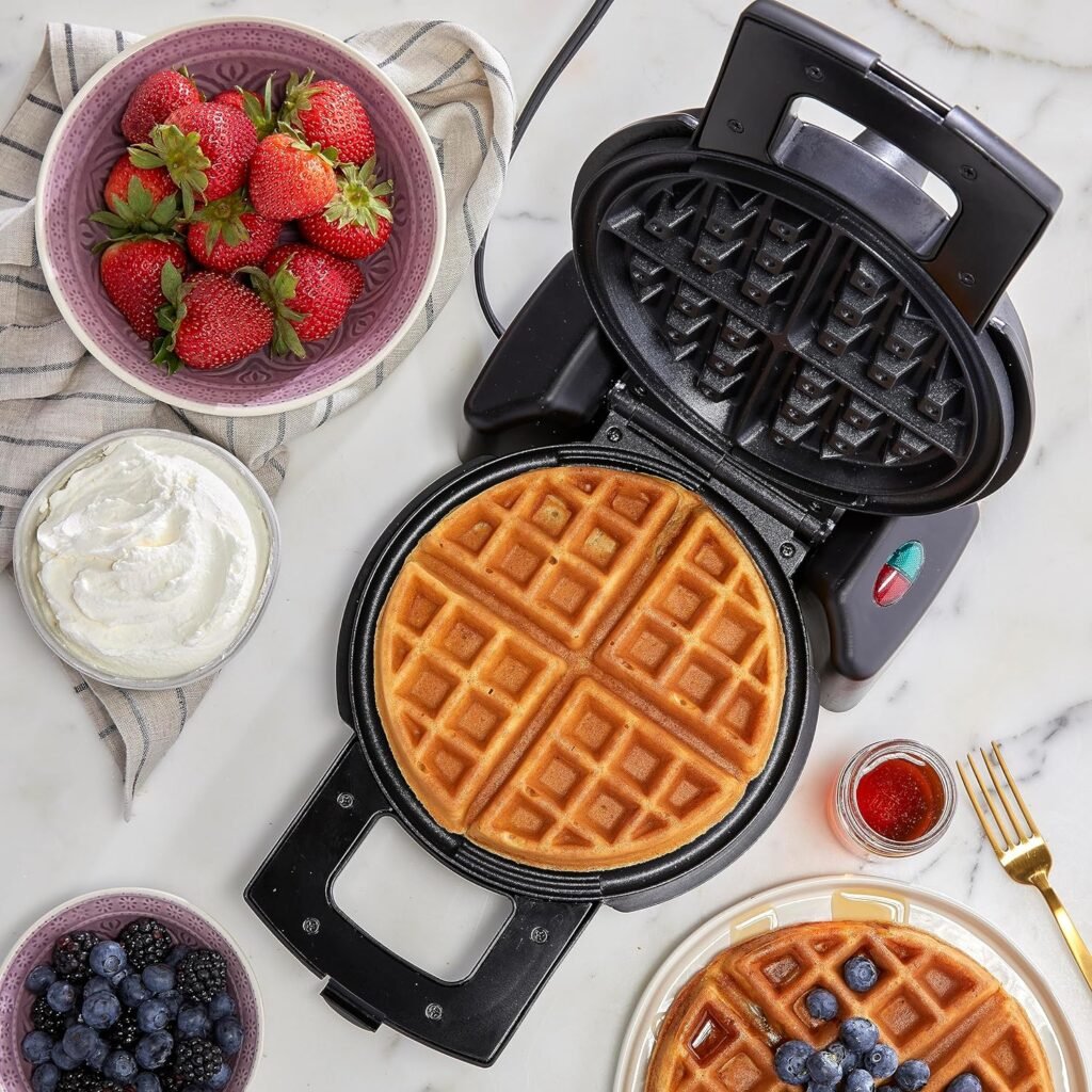 West Bend Waffle Maker, 7-Inch Belgian Waffle Iron 180-Degree Flip with PTFE-Free Non-Stick Plates, Vertical Storage and Non-Skid Rubber Feet, 1000-Watts, Black