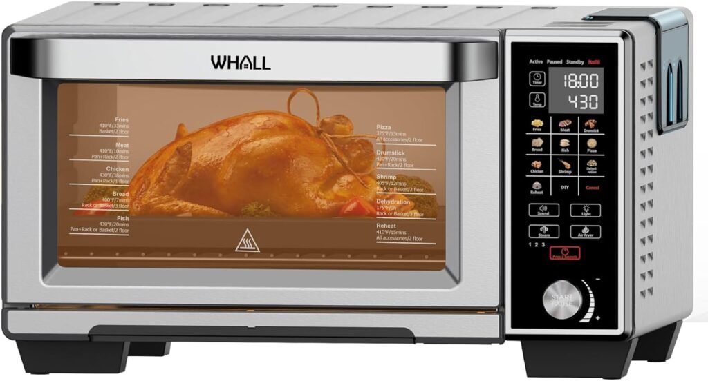 whall Toaster Oven Air Fryer, Max XL Large 30-Quart Smart Oven,11-in-1 Countertop with Steam Function,12-inch Pizza,6 slices of Toast, 4 Accessories Included, Stainless Steel /1700W/BLACK