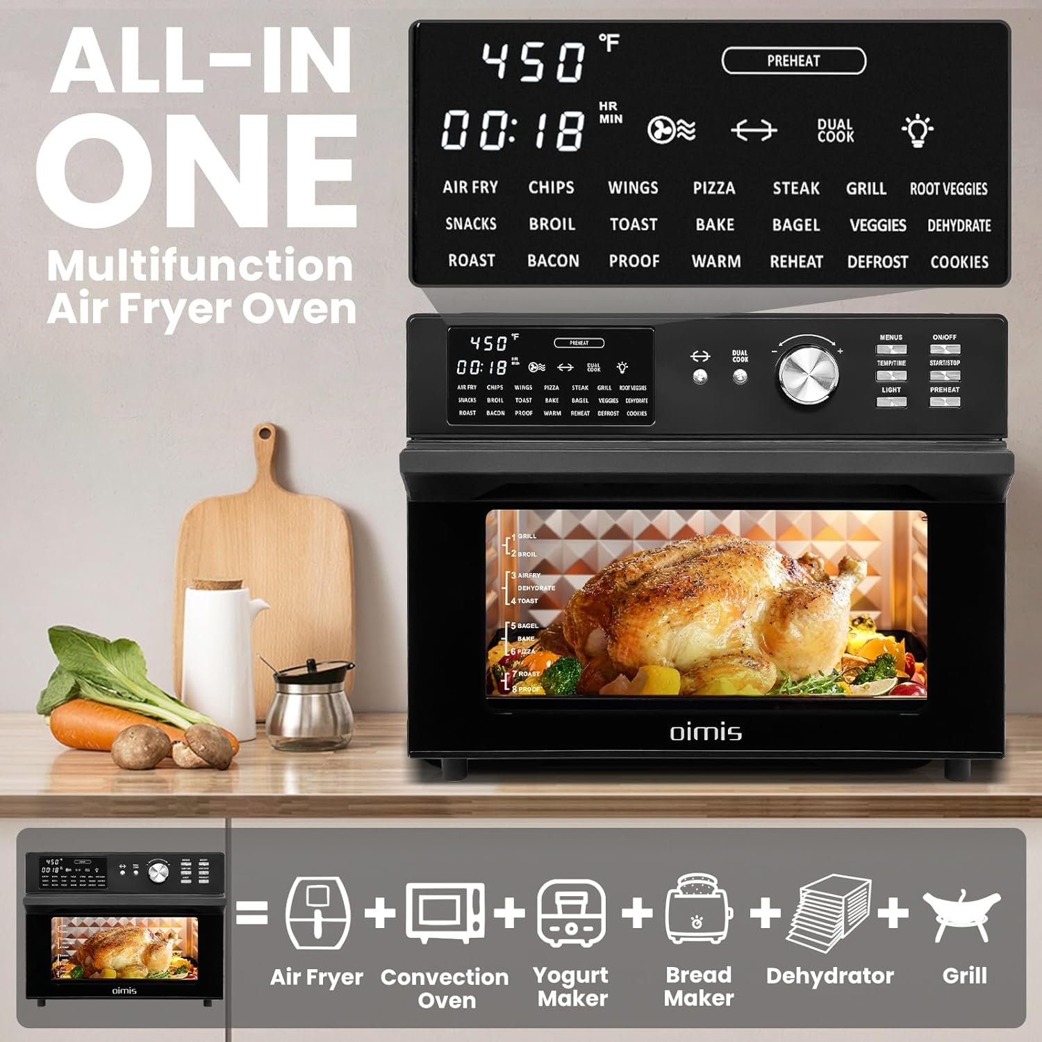 Air Fryer Oven OIMIS,32QT X-Large Air Fryer Toaster Oven Stainless Steel Air Fryer Rotisserie Oven Combo 21 IN 1 Countertop Oven Dual Cook Patented Dual Air Duct System With 7 Accessories 52 Recipes