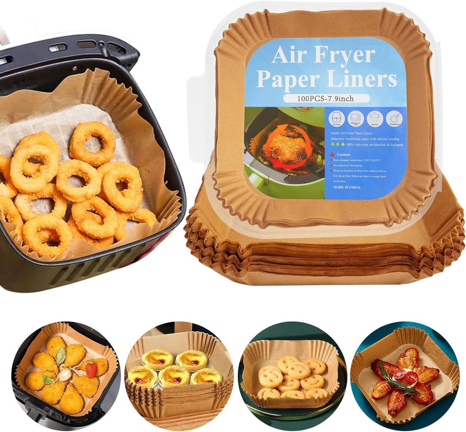 Air Fryer Paper Liners,100Pcs Parchment Paper, Oil-proof, Water-proof, Food Grade 7.9inch (Fit 5-8 QT) Air Fryer Disposable Paper Liner for Microwave Baking Roasting