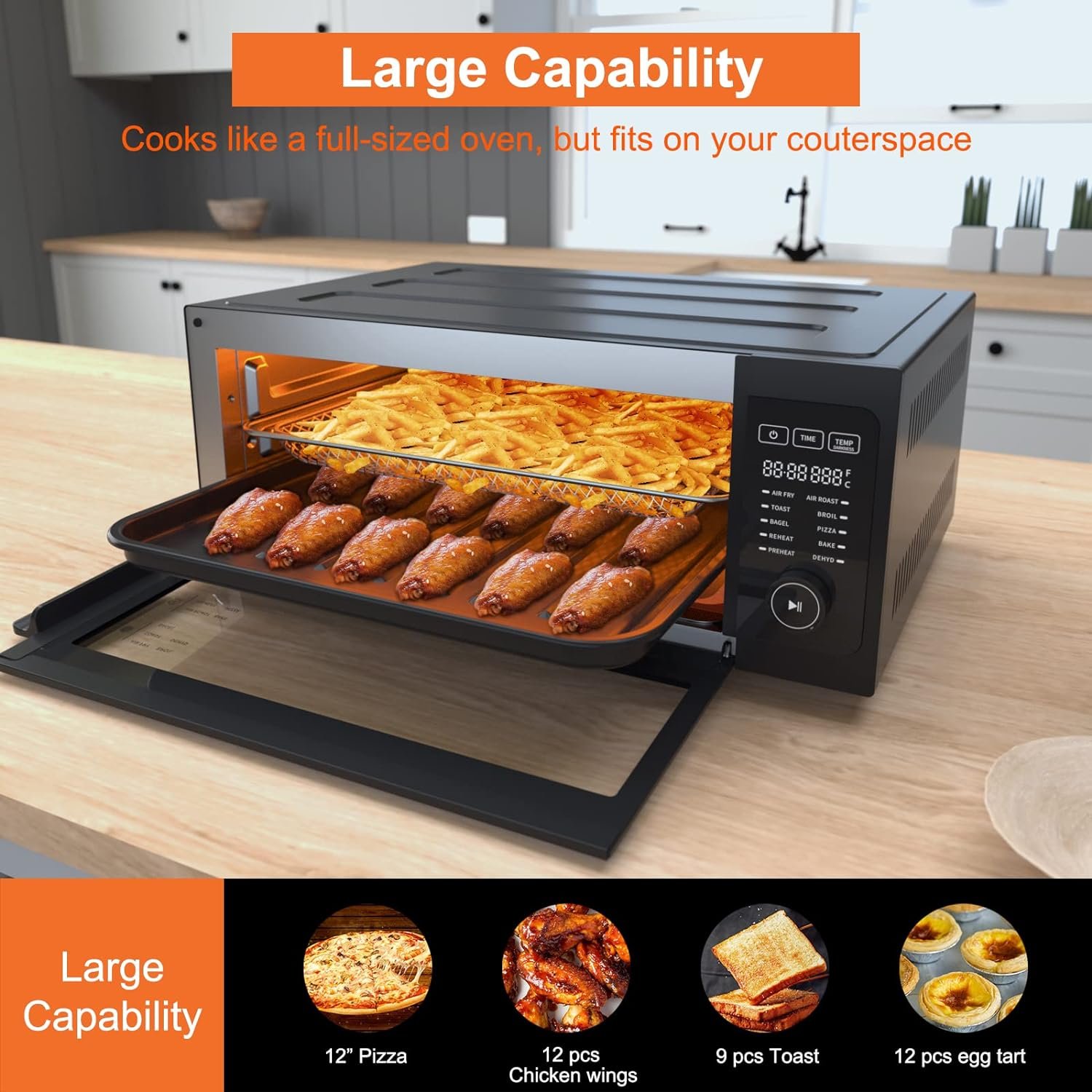 Air Fryer Toaster Oven Combo - Fabuletta 10-in-1 Countertop Convection Oven 1800W, Flip Up  Away Capability for Storage Space, Oil-Less Air Fryer Oven Fit 12 Pizza, 9 Slices Toast, 5 Accessories