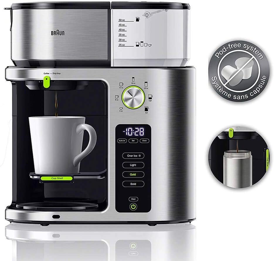 Braun MultiServe Coffee Machine 7 Programmable Brew Sizes / 3 Strengths + Iced Coffee  Hot Water for Tea, Glass Carafe (10-Cup), White, KF9150WH