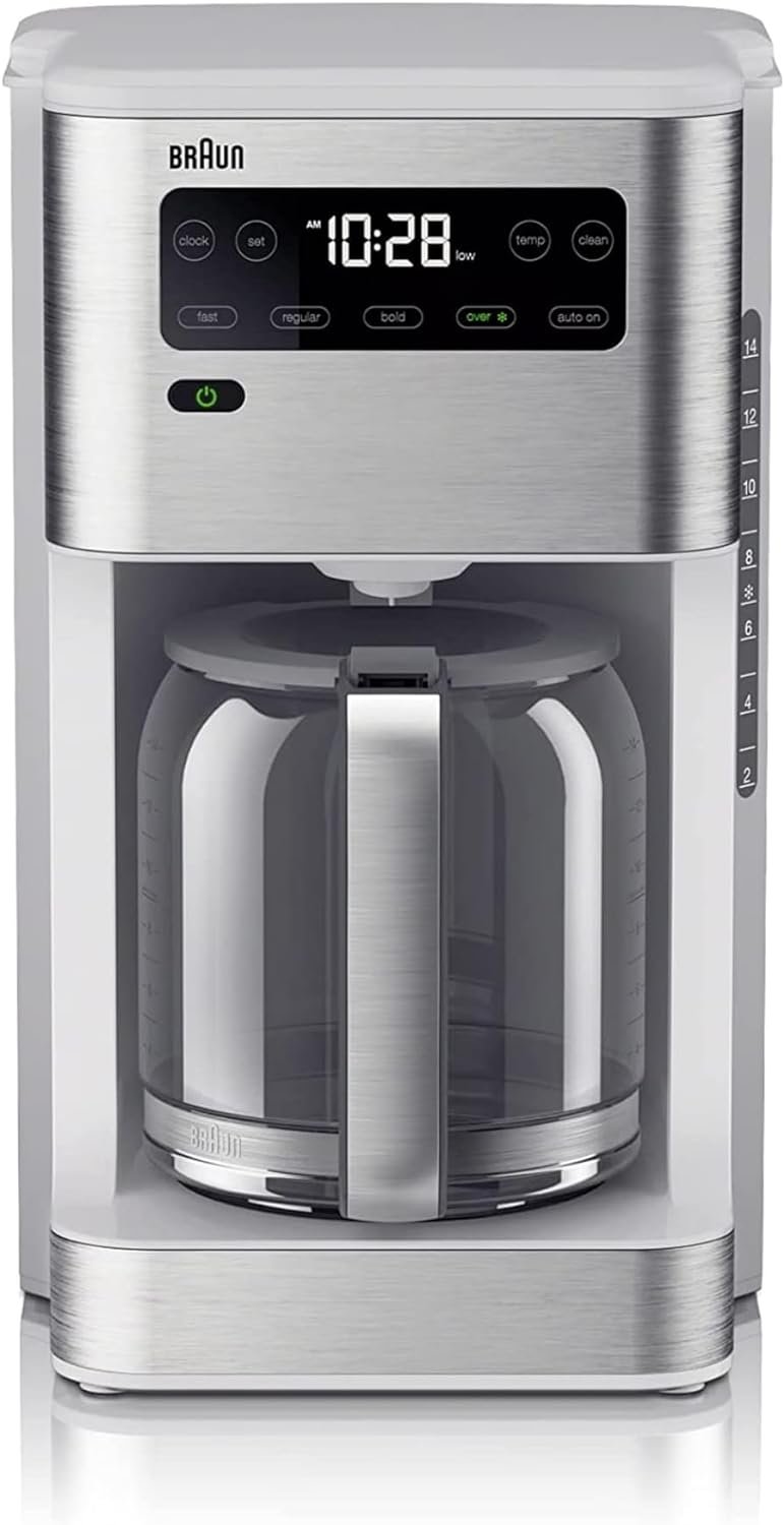 Braun PureFlavor 14-Cup Coffee Maker, White - Fast Brew System  Four Brew Options - 24-Hour Programmable Timer  4-Hour Warming Plate - Dishwasher Safe
