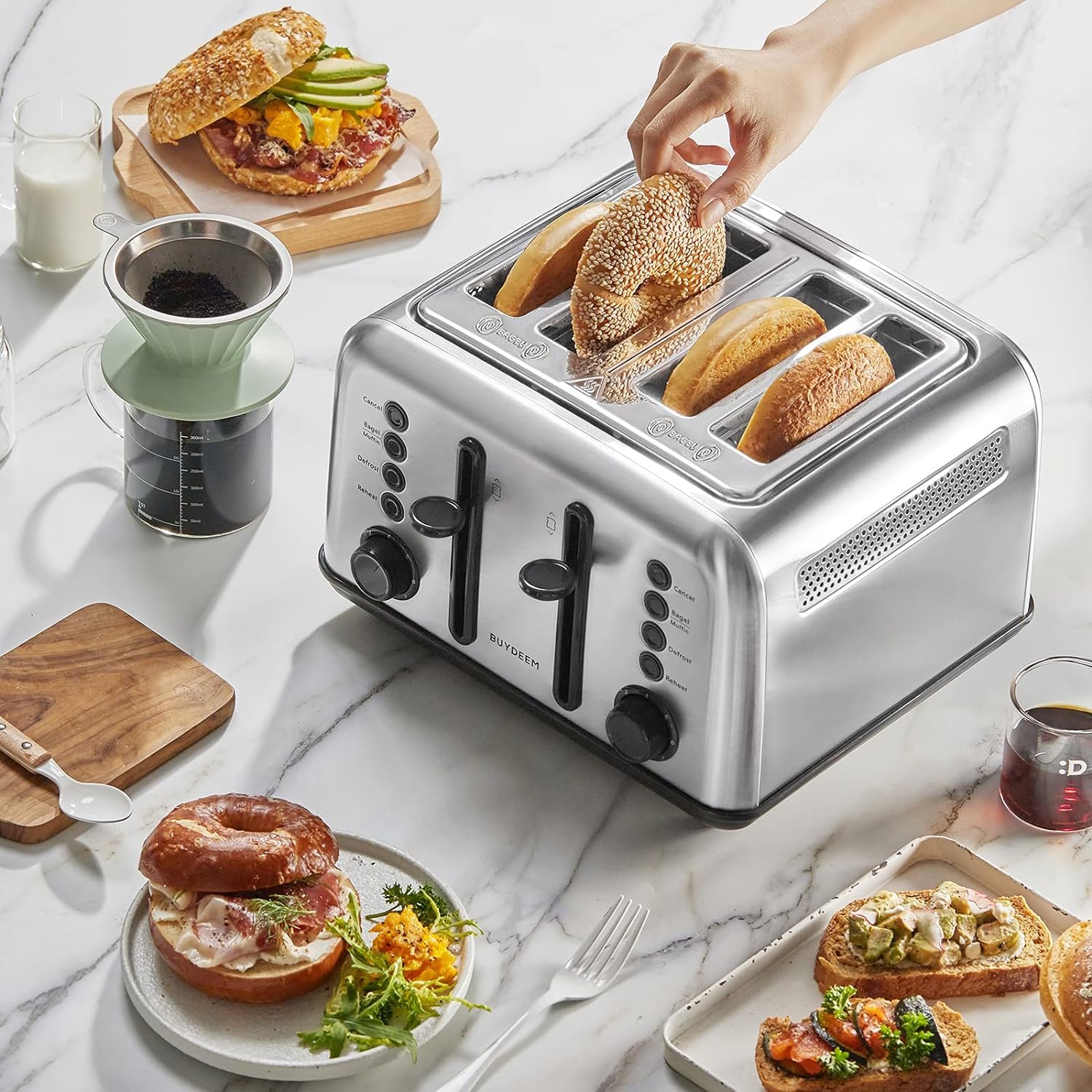 BUYDEEM DT620 2-Slice Toaster, Extra Wide Slots, Retro Stainless Steel with High Lift Lever, Bagel and Muffin Function, Removal Crumb Tray, 7-Shade Settings,Cozy Greenish