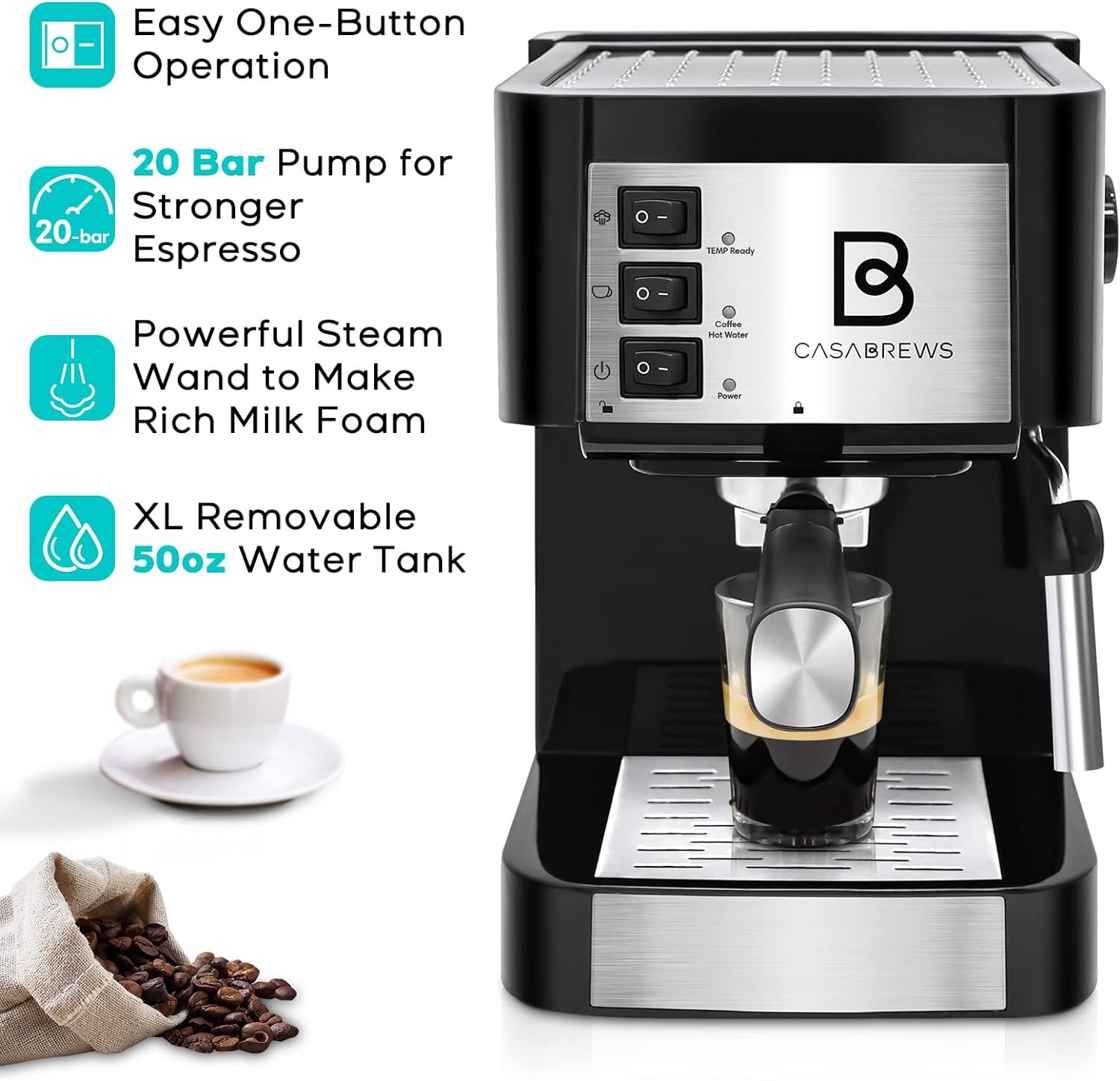 CASABREWS 20 Bar Espresso Machine, Professional Espresso Maker with Milk Frother Steam Wand, Espresso Coffee Maker and Cappuccino Machine with Removable Water Tank for Latte, Gift for Dad Mom