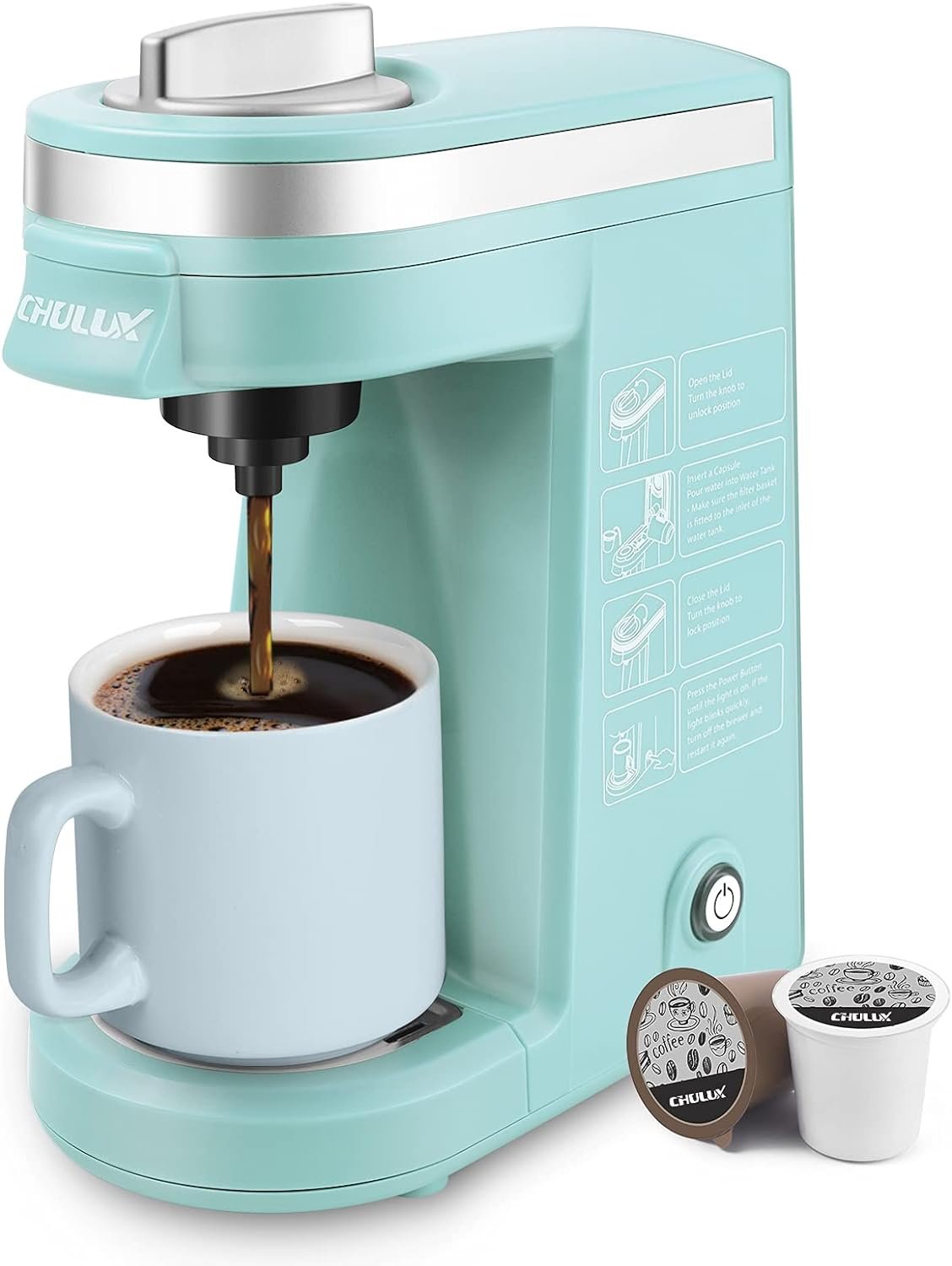 CHULUX Single Serve Coffee Maker, 12 Ounce Single Cup Coffee Machine, One Button Operation with Auto Shut-Off for Coffee or Tea, Cyan