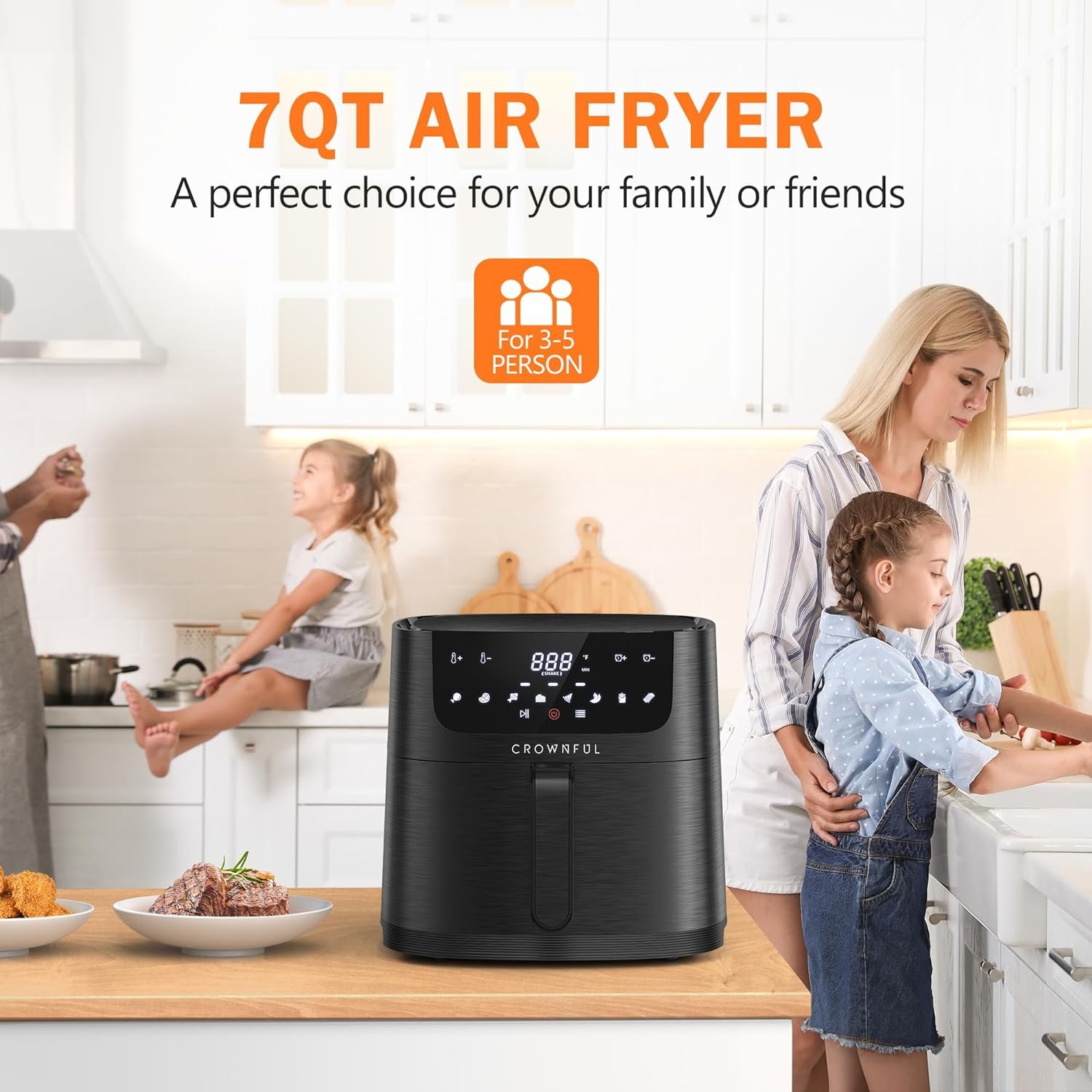 CROWNFUL 7 Quart Air Fryer, Oilless Electric Cooker with 8 Cooking Functions, LCD Digital Touch Screen with Precise Temperature Control, Shake Reminder Function, 1500W, UL Listed-Black