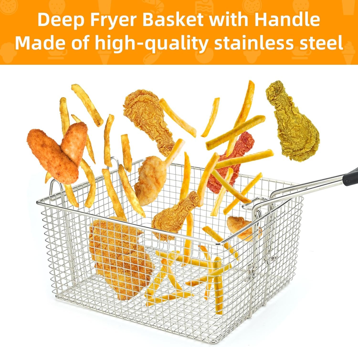 Delizon Electric Fryer Basket for Frying Serving Food, with Rubber Handle Grip, 7.2 x 8.3 x 4.3 Heavy Duty Construction Suitable for fry chicken, fish, french fries