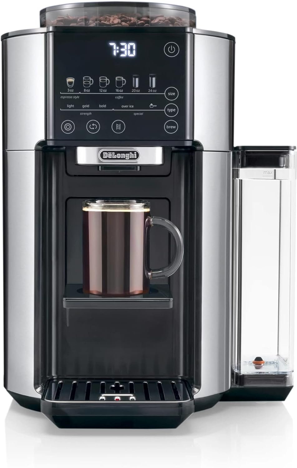 DeLonghi TrueBrew Drip Coffee Maker, Built in Grinder, Single Serve, 8 oz to 24 oz, Hot or Iced Coffee, Stainless, CAM51025MB, 15D x 13.7W x 15.8H