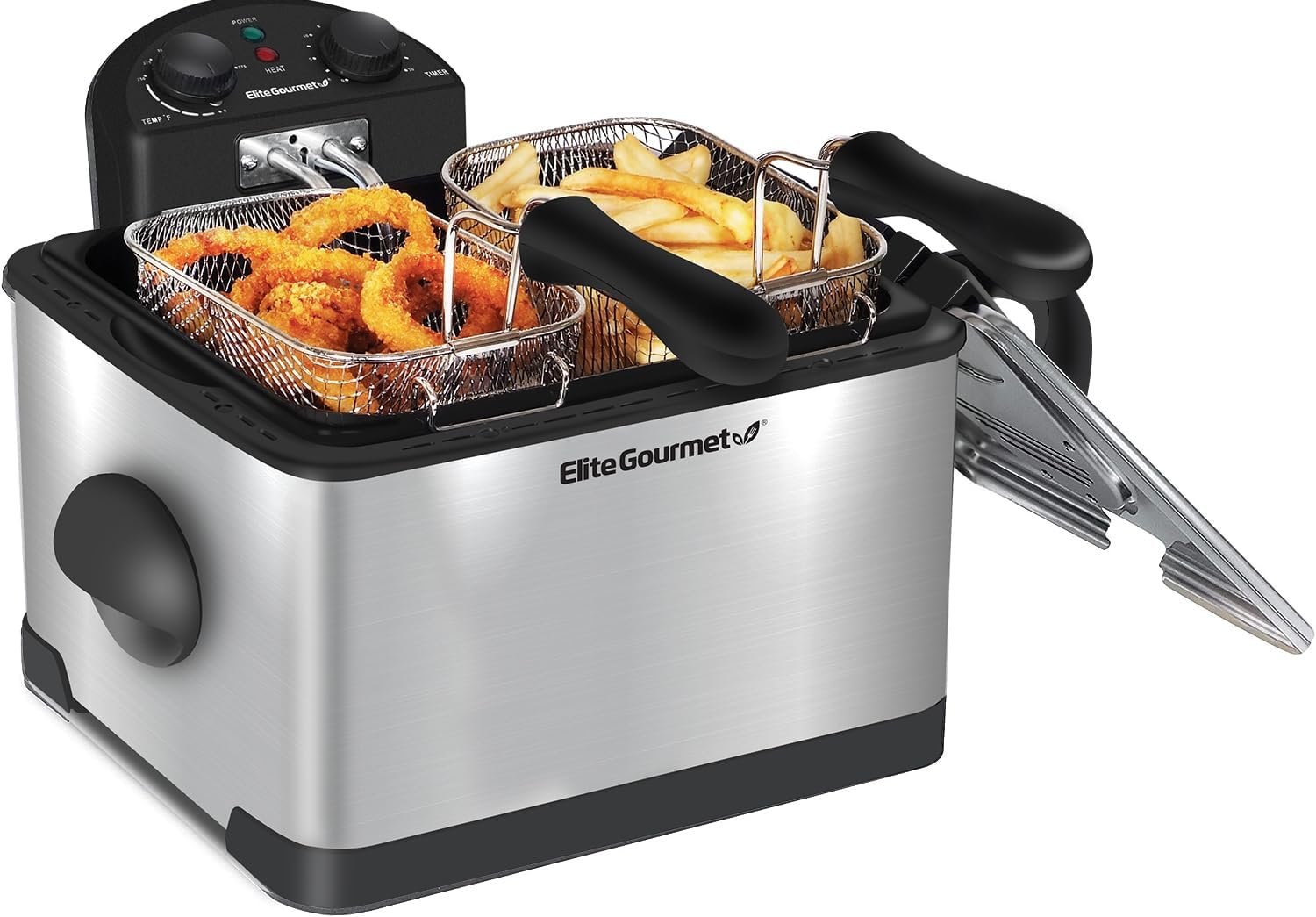 Elite Gourmet EDF-401T# Electric Immersion Deep Fryer 3-Baskets, 1700-Watt, Timer Control Adjustable Temperature, Lid with Viewing Window and Odor Free Filter, Stainless Steel and Granite