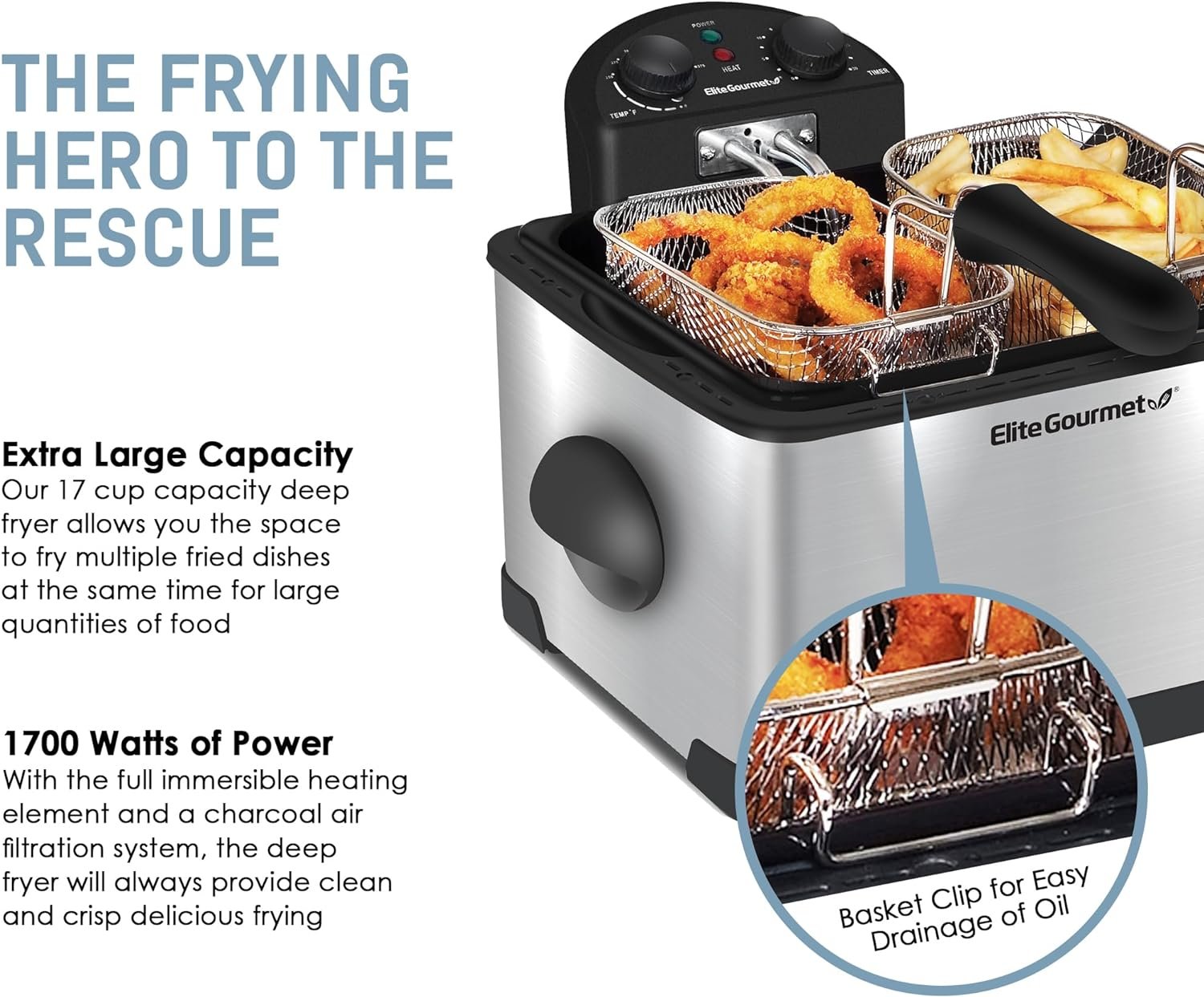 Elite Gourmet EDF-401T# Electric Immersion Deep Fryer 3-Baskets, 1700-Watt, Timer Control Adjustable Temperature, Lid with Viewing Window and Odor Free Filter, Stainless Steel and Granite
