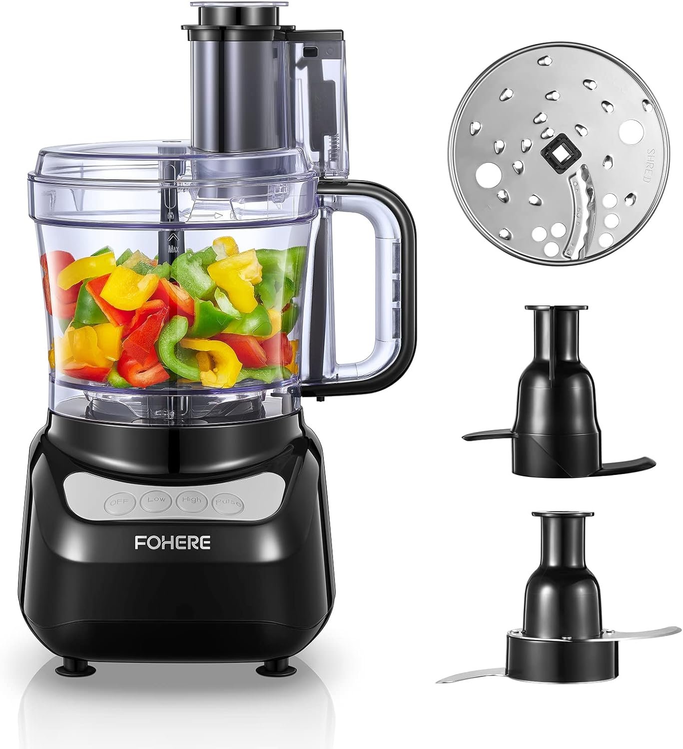 FOHERE Food Processor, 12 Cup, 2-in-1 Feed Chute Vegetable Chopper  Meat Grinder for Mincing, Dicing, Shredding, Puree  Kneading Dough, Stainless Steel