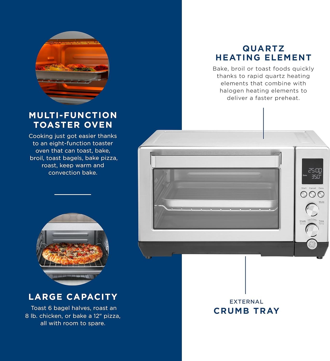 GE Convection Toaster Oven | Quartz Heating Technology | Large Capacity Toaster Oven Complete With 7 Cook Modes  Oven Accessories | Countertop Kitchen Essentials | 1500 Watts | Stainless Steel