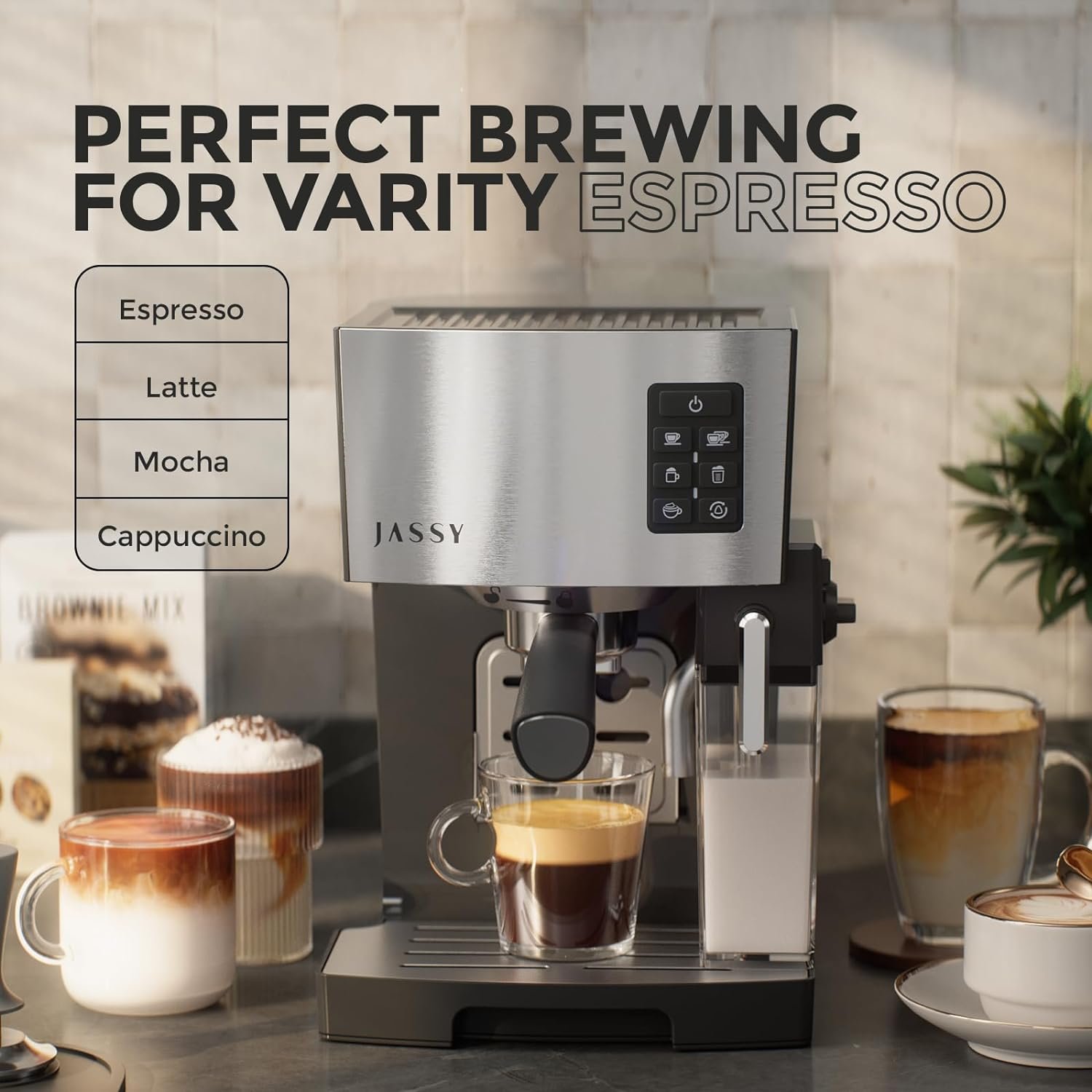 JASSY Espresso Coffee Machine 20 Bar Latte Maker with Powerful Milk Tank for Home Barista,One-Touch Brewing for Espresso/Mocha/Cappuccino/Latte/1250W