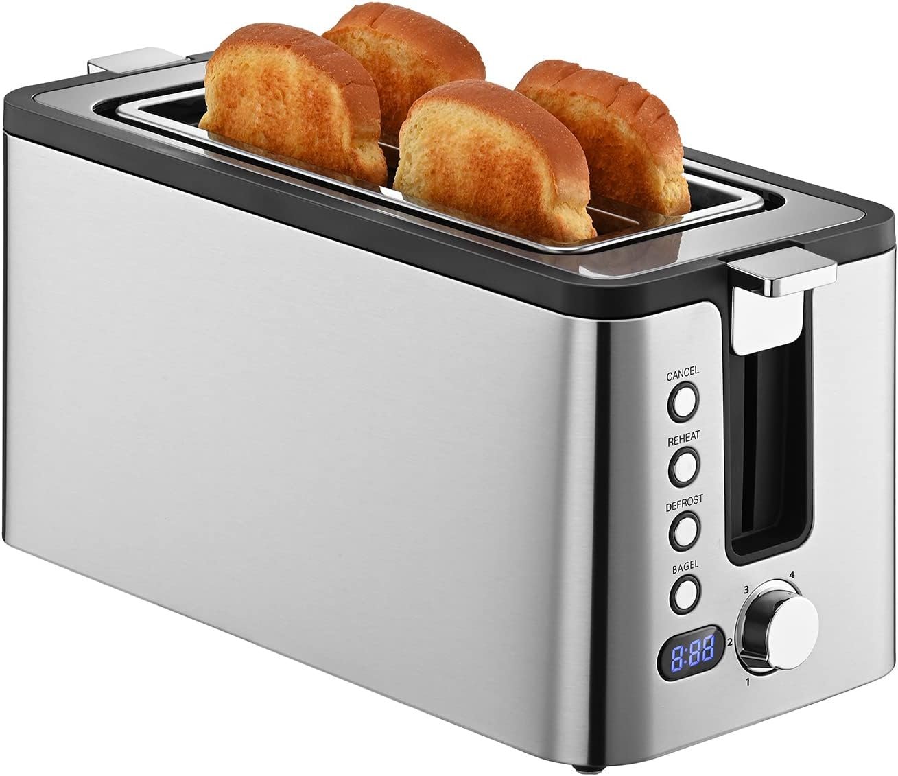 Mecity 4 Slice Bread Toaster With Countdown Timer, Bagel / Defrost / Reheat / Cancel Functions,Warming Rack, removable Crumb Tray, 6 Browning Settings, Extra Wide Long Slots, Stainless Steel, 1300 Watts