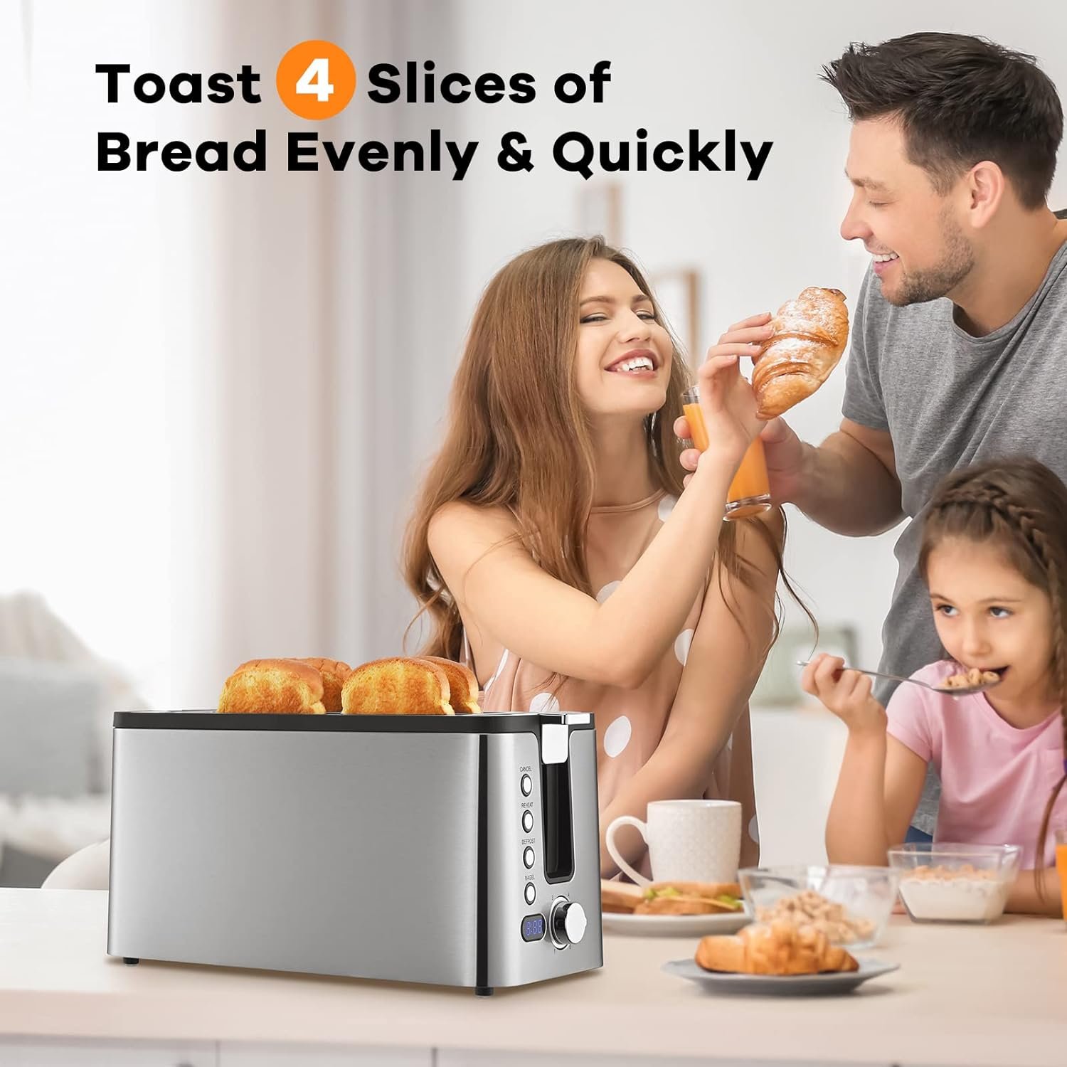 Mecity 4 Slice Bread Toaster With Countdown Timer, Bagel / Defrost / Reheat / Cancel Functions,Warming Rack, removable Crumb Tray, 6 Browning Settings, Extra Wide Long Slots, Stainless Steel, 1300 Watts