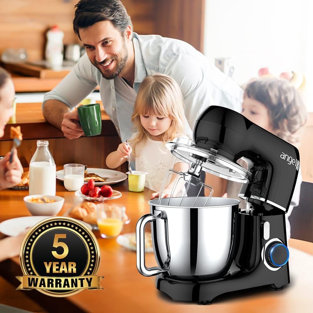 Mini Angel Electric Stand Mixer, 5.5 Quarts, Dough Hook, Flat Beater, Wire Whisk Attachments, 10+P Speeds with Splash Guard, Black with DIY STICKERS