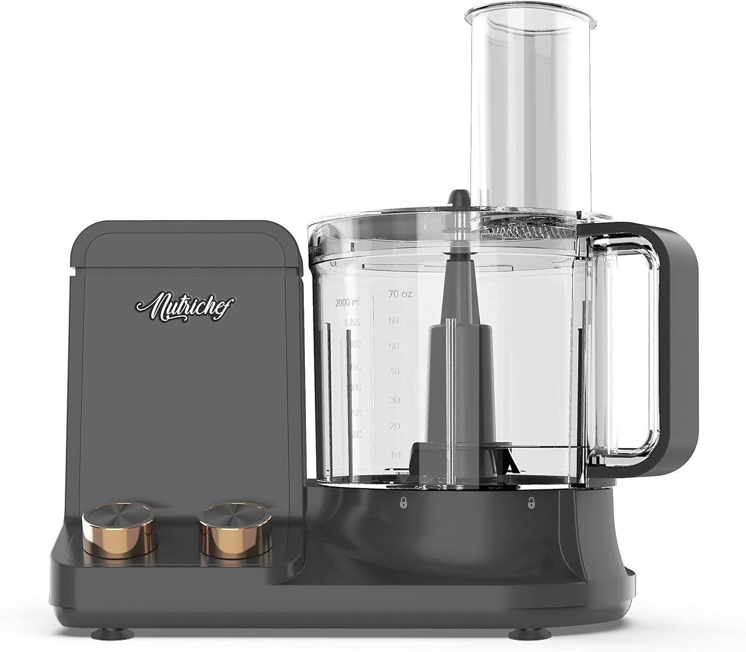 NutriChef NCFPG9 Multipurpose  Ultra Quiet Powerful Motor, Includes 6 Attachment Blades 12 Cup Multifunction Food Processor, Up to 2L Capacity, Pre-Set Speed Function Black Chrome, Space Gray