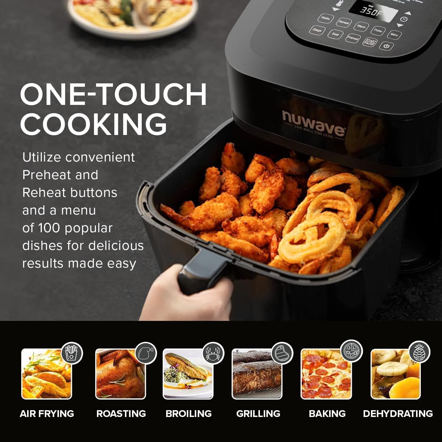 NUWAVE Brio 8-Qt Air Fryer, Powerful 1800W, Easy-to-Read Cool White Display, 50°-400°F Temp Controls, 100 Pre-Programmed Presets  50 Memory Slots, Integrated Smart Thermometer, Linear T Technology