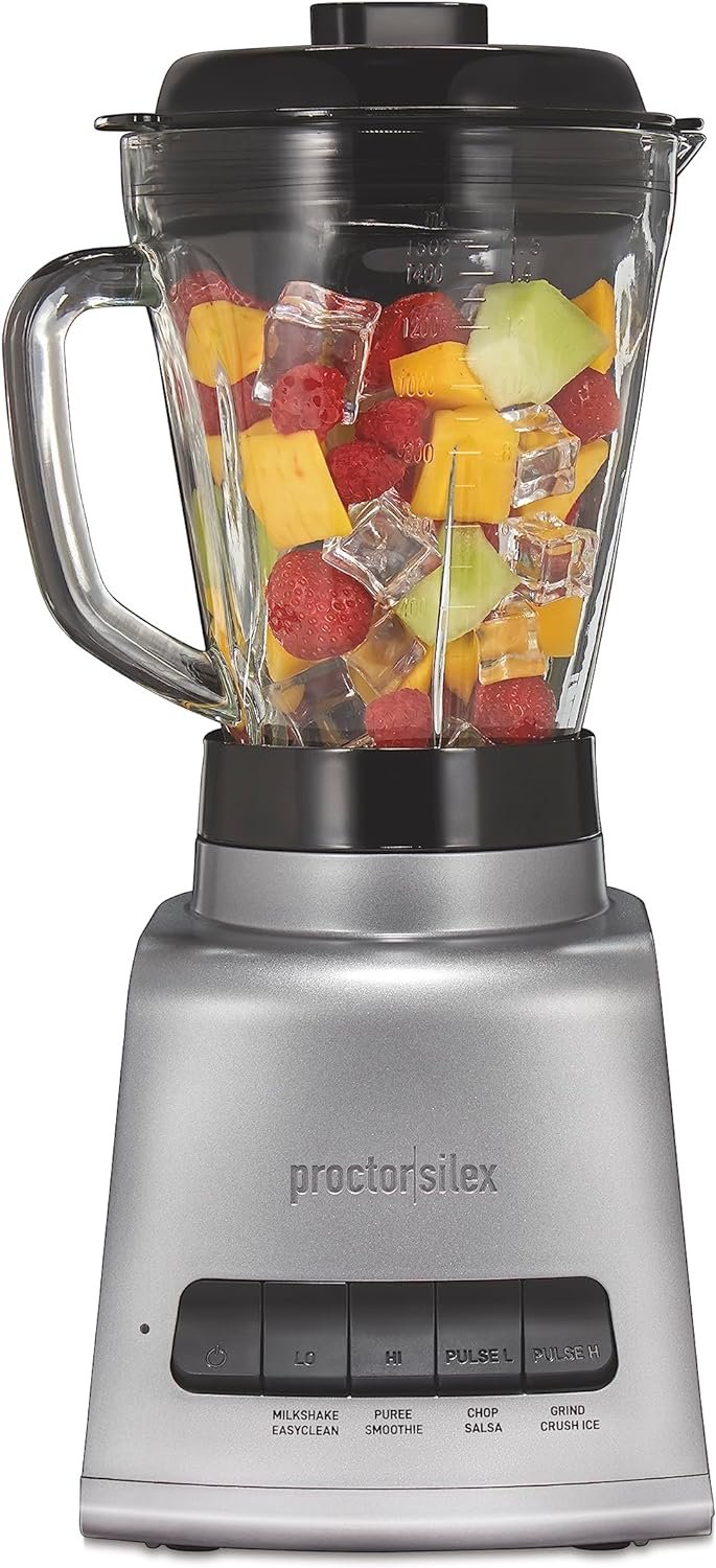 Proctor Silex PowerHouse 950 Watts Blender for Shakes and Smoothies, 52 oz. BPA Free MultiBlend Glass Jar, Black  Silver (53560)