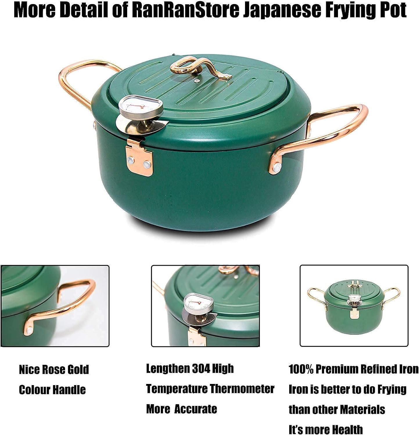 RANRAN Japanese Tempura Deep Fryer Pot with Thermometer and lid 20 cm / 8 inches 2200ml 2.3 Quart with nonstick coating Mini Deep Fryer tempura/chicken/fish/shrimp Perfect for Couples (Green Black) Easy Clean RRSRSYZG