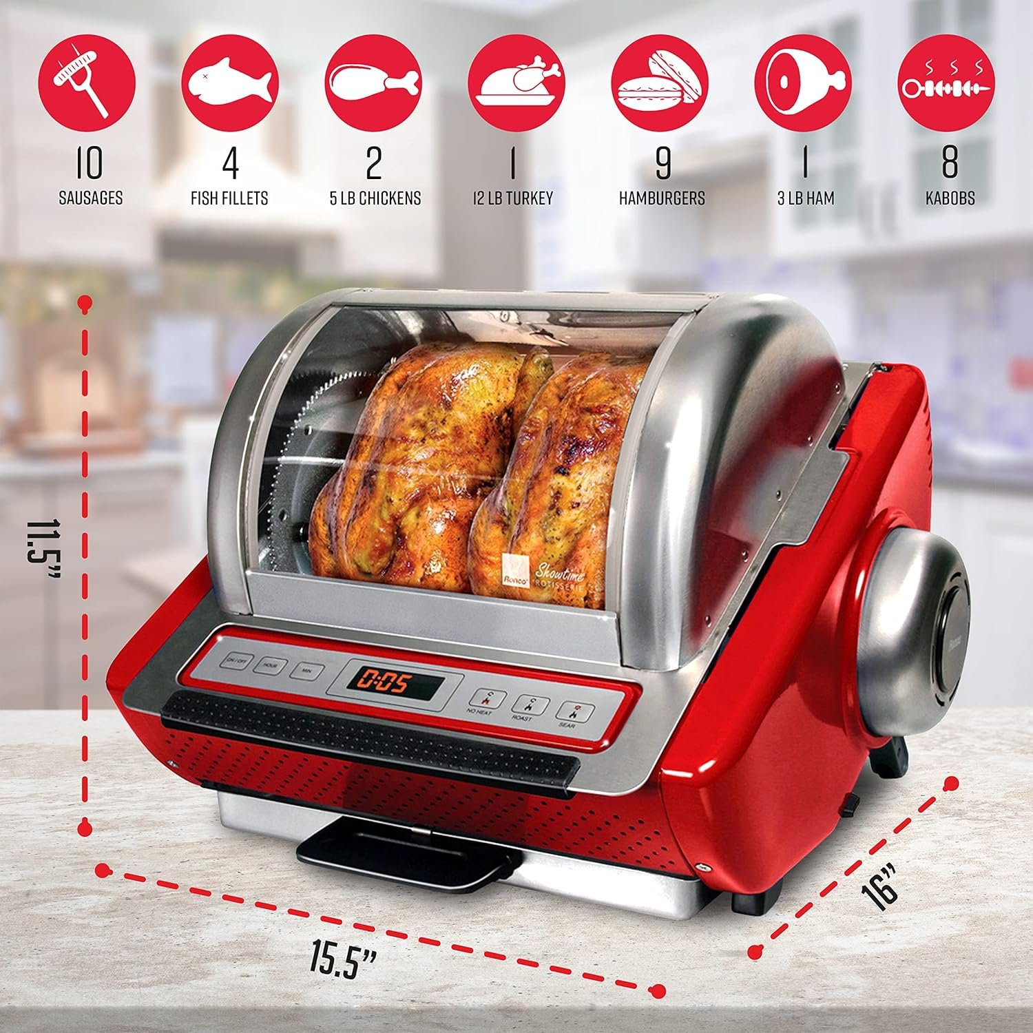 Ronco Showtime EZ-Store Large Capacity Rotisserie  BBQ Oven, Digital Controls, Compact Storage, Perfect Preset Rotation Speed, Self-Basting, Auto Shutoff, Includes Multipurpose Basket, red