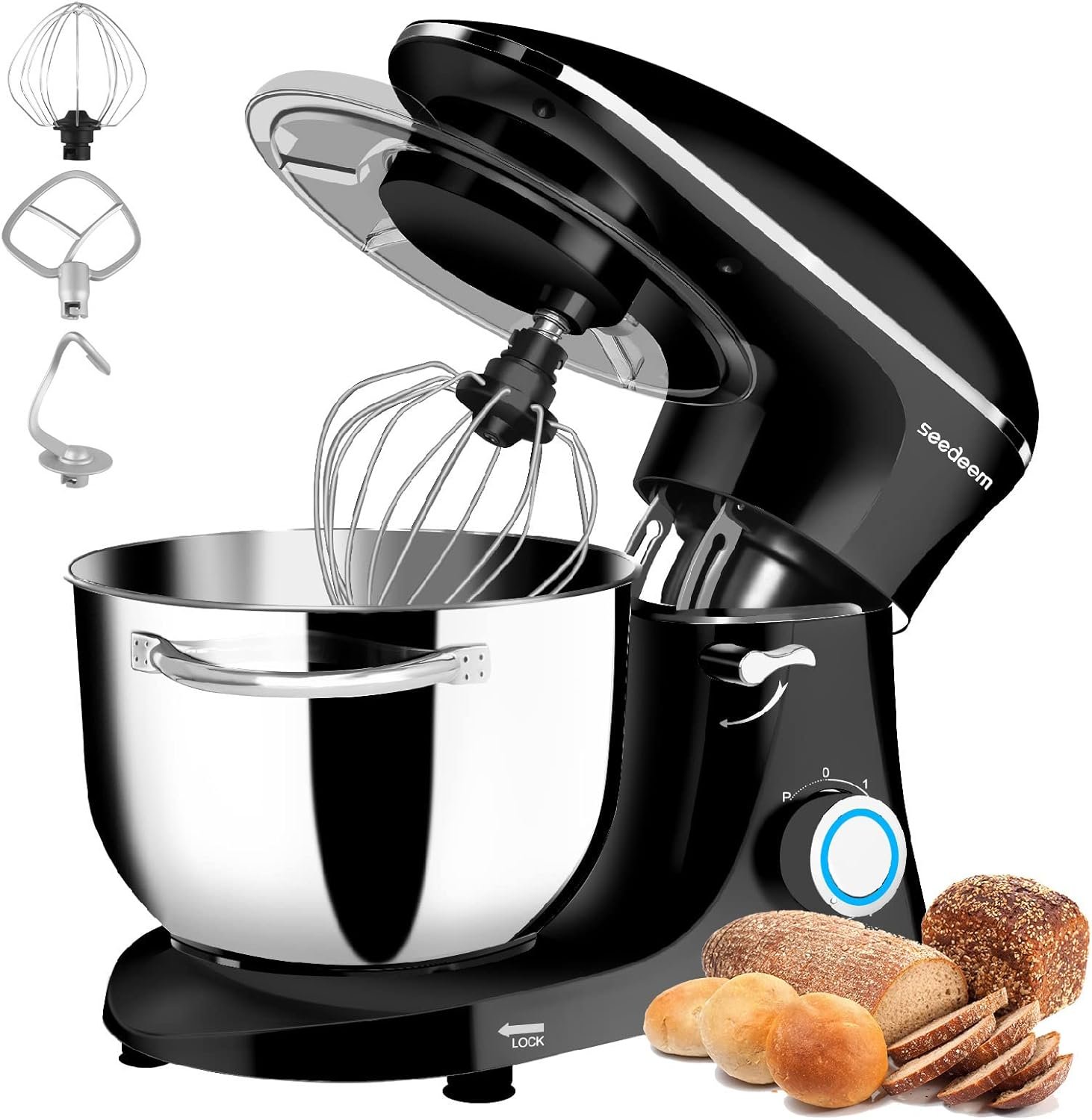 Seedeem Stand Mixer, 6Qt Electric Food Mixer, 660W 6-Speeds Tilt-Head Dough Mixers with Dishwasher-Safe Dough Hook, Wire Whip  Beater for Daily Use, Black