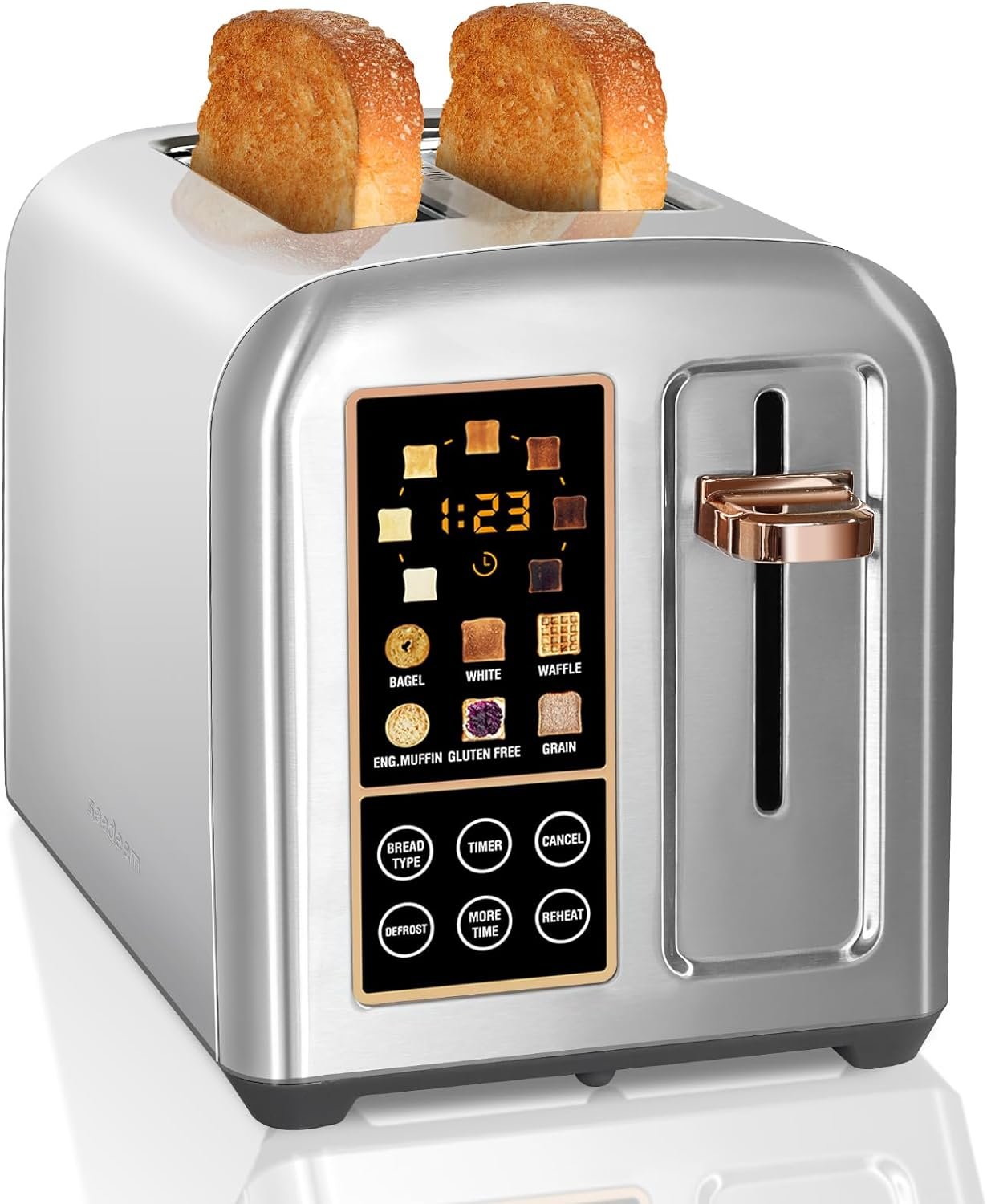 SEEDEEM Toaster 2 Slice, Stainless Toaster LCD DisplayTouch Buttons, 50% Faster Heating Speed, 6 Bread Selection, 7 Shade Setting, 1.5Wide Slot, Removable Crumb Tray, 1350W, Silver Metallic