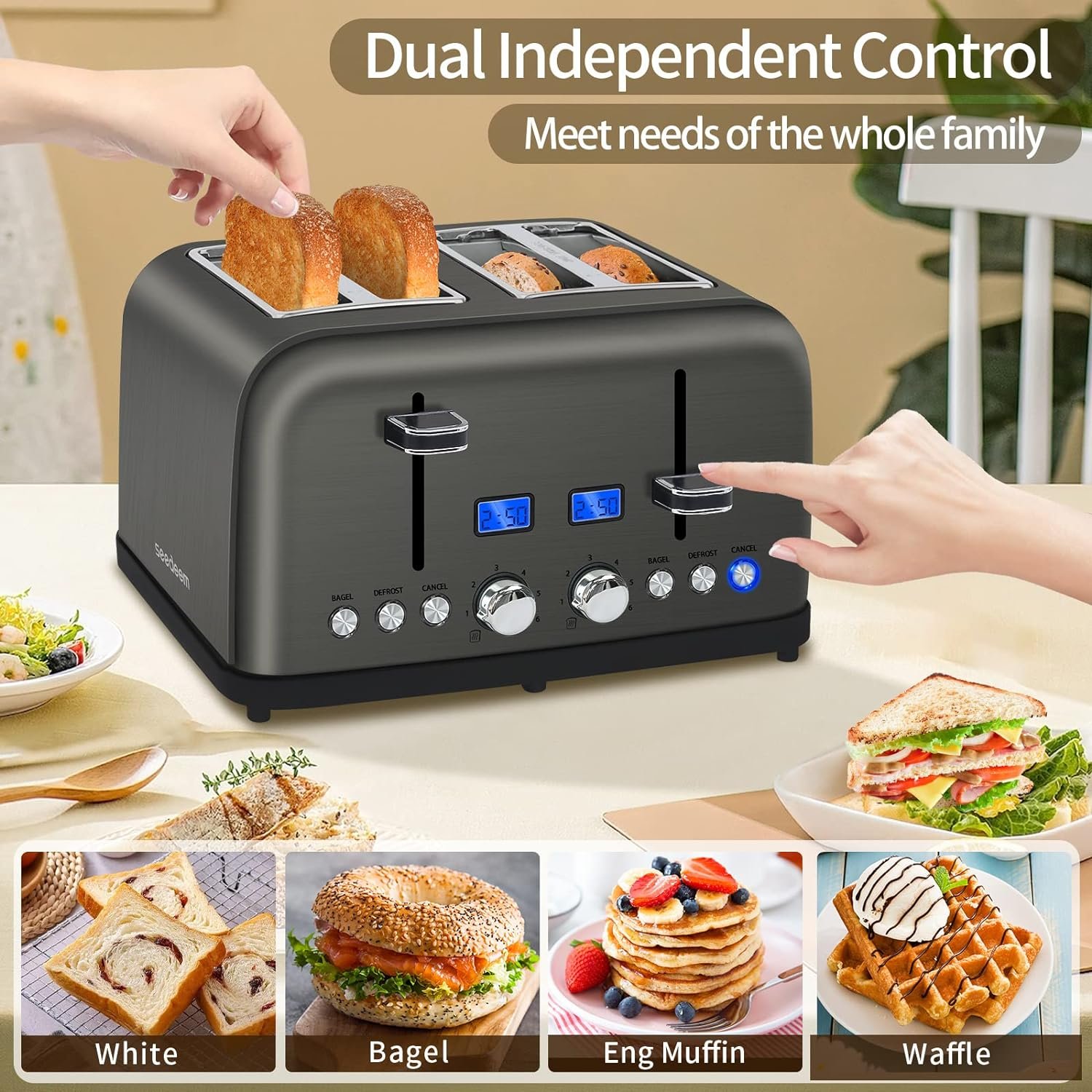 SEEDEEM Toaster 4 Slice, LCD Display, 6 Shade Settings Stainless Toaster, 1.5 Wide Slots, Digital Toaster for Bagel, Defrost, Reheat, Dual Control, Removable Crumb Tray, 1500W, Dark Metallic