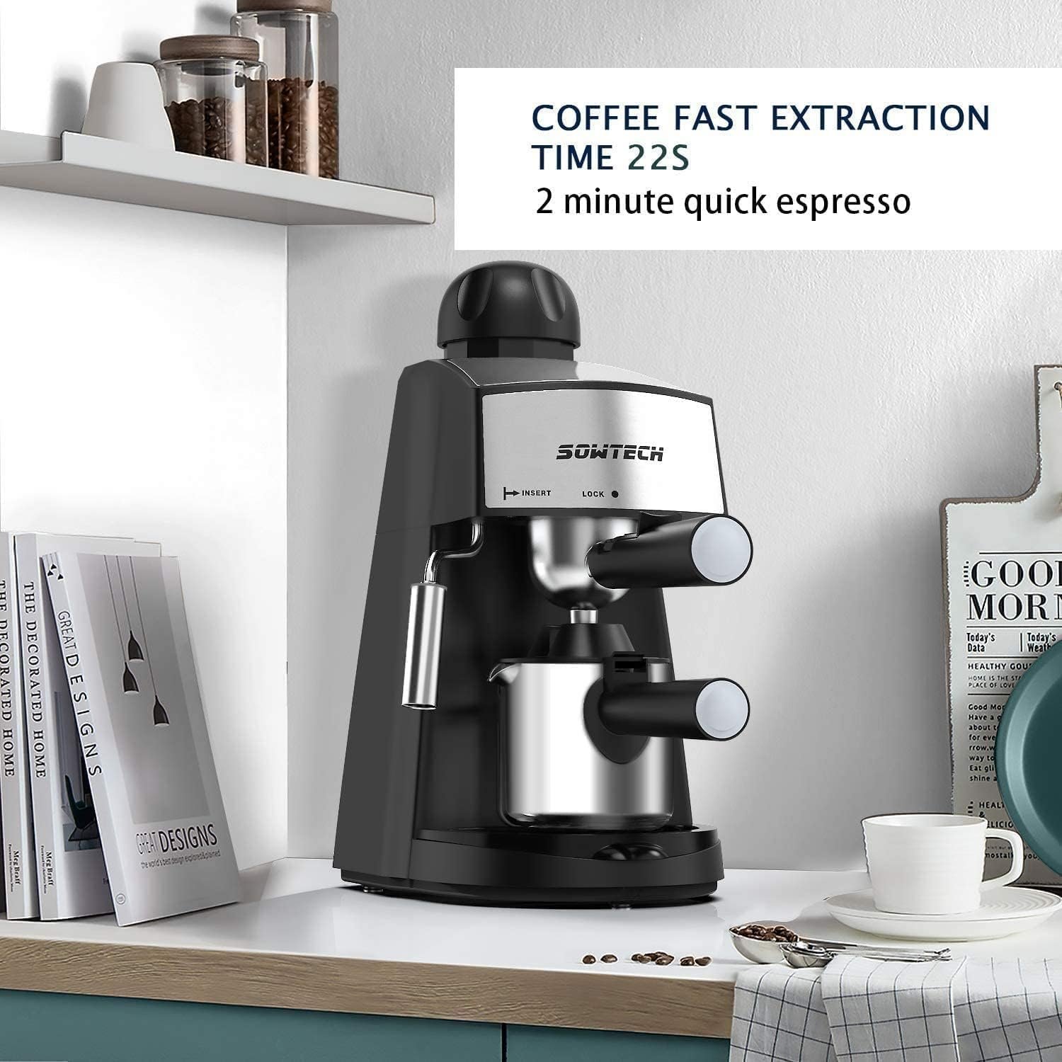 SOWTECH Steam Espresso Machine Espresso Maker Cappuccino Latte Machine with Steam Milk Frother and Mug 3.5 Bar 4 Cup