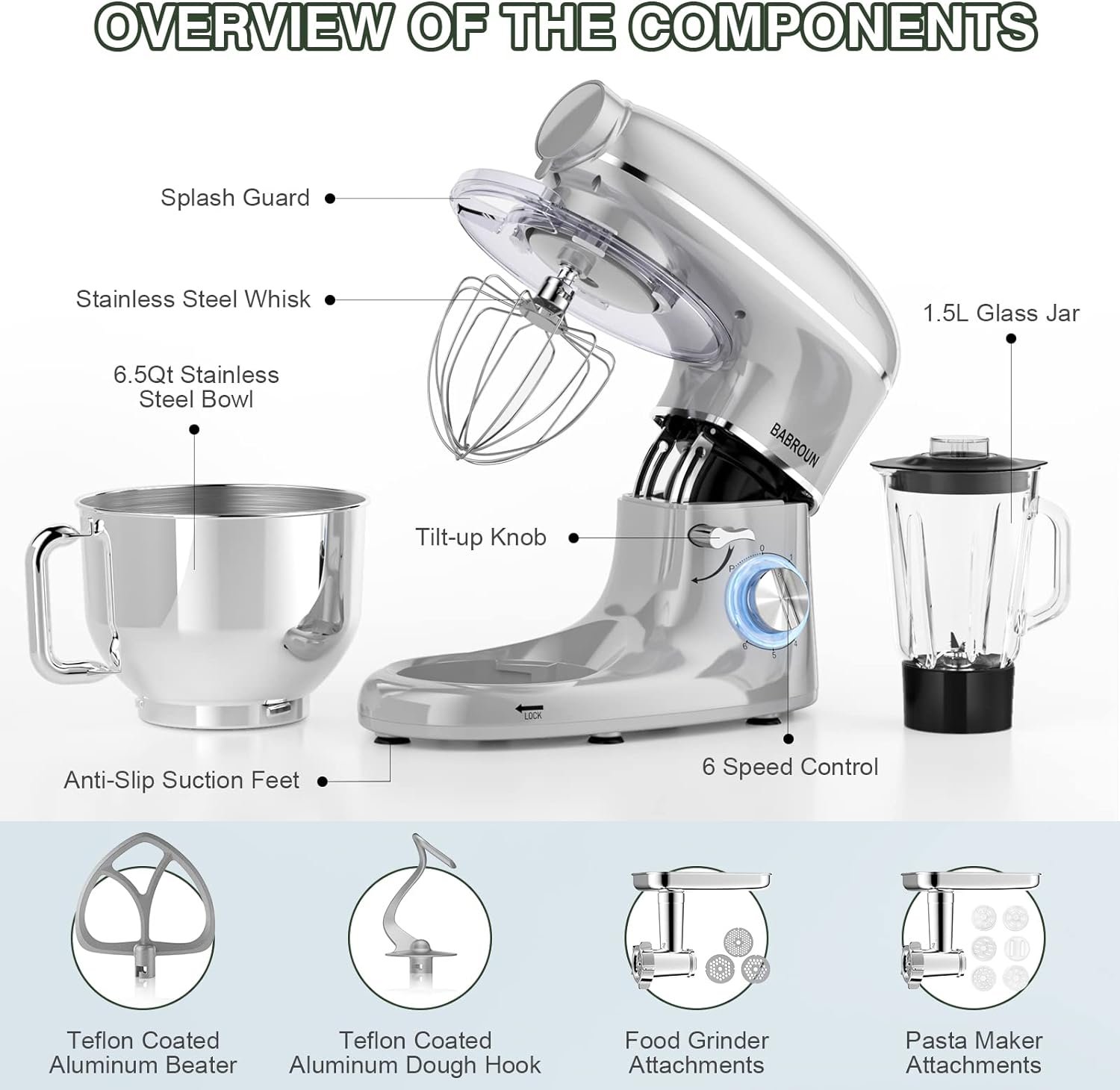 Stand Mixer, BABROUN 6 IN 1 Multifunctional Electric Kitchen Mixer with 6.5QT Stainless Steel Bowl, 1.5L Glass Jar, Meat Grinder, Dough Hook, Whisk, Beater, 6 Speeds Food Mixer for Baking Mixing