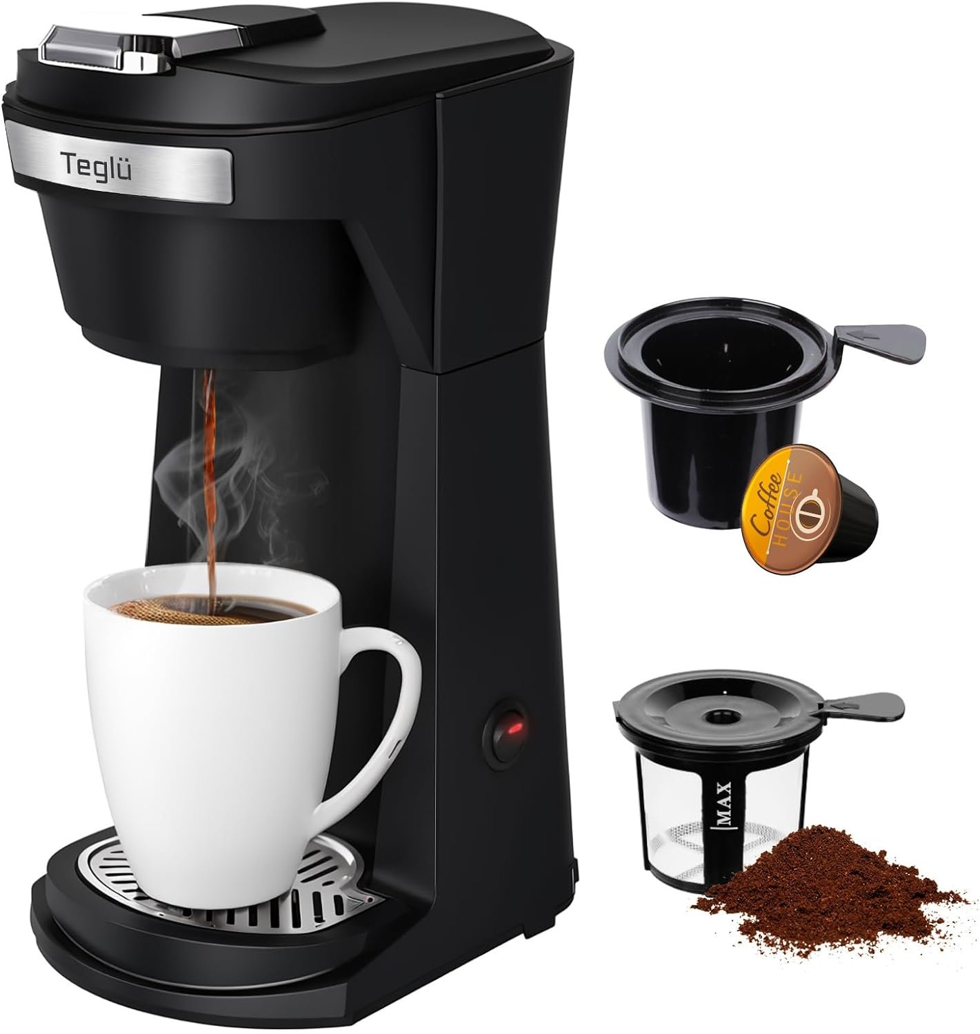 Teglu Single Serve Coffee Maker for K Cup Pod  Ground Coffee 2 in 1, K Cup Coffee Machine 14 Oz Brew Size, Mini One Cup Coffee Pot Fast Brewing 800W, Reusable Filter, CM208, Black