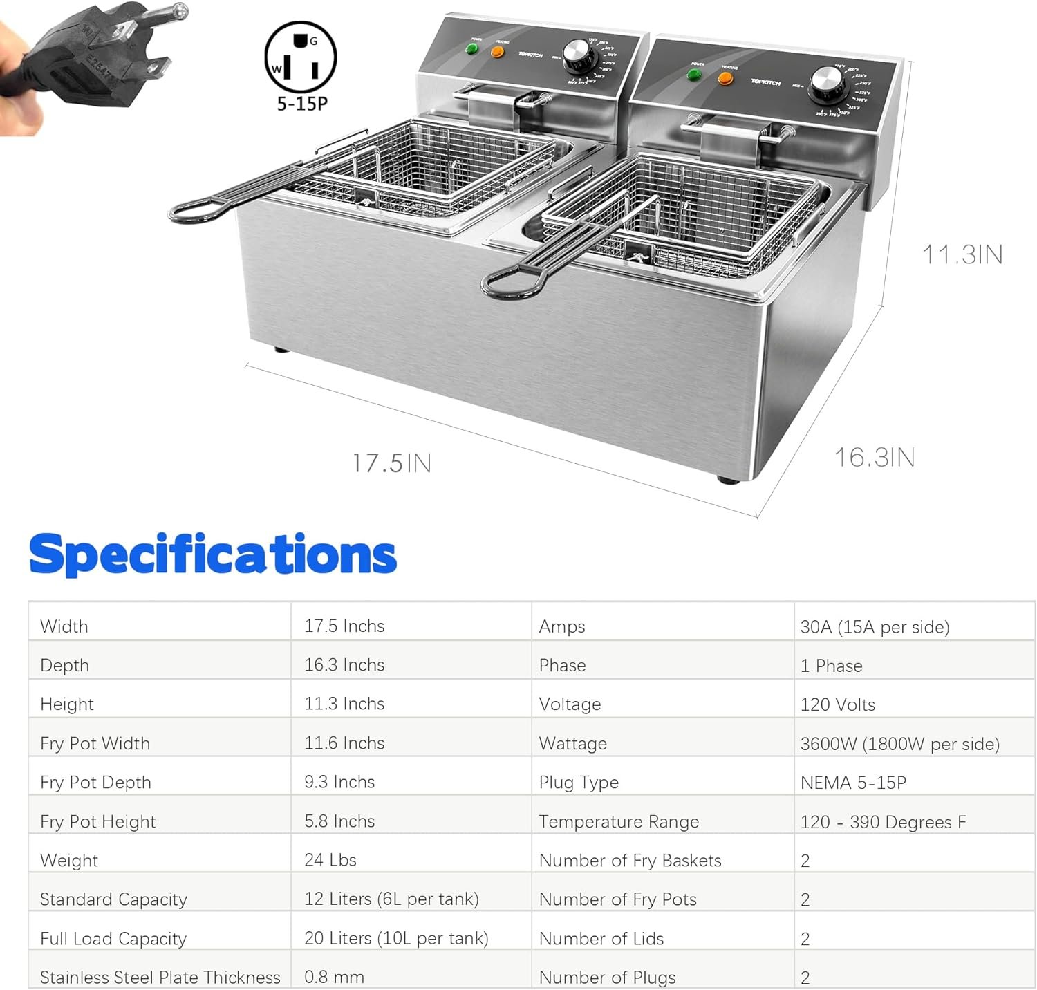 TOPKITCH Commercial Deep Fryer Stainless Steel Dual Tank with 2 Baskets Capacity 10L X 2 Electric Countertop Fryer for Restaurant and Home Use, 120V 3600W