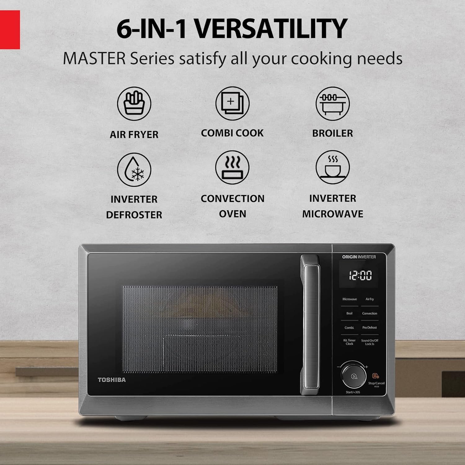 TOSHIBA 6-in-1 Inverter Countertop Microwave Oven Healthy Air Fryer Combo, MASTER Series, Broil, Convection, Speedy Combi, Even Defrost 11.3 Turntable Sound On/Off, 27 Auto Menu