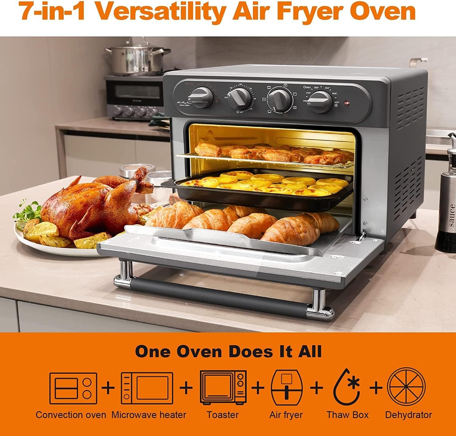 WEESTA Air Fryer Toaster Oven Combo, 24.5 QT Large Air Fryer, 7-in-1 Convection Toaster Oven with Air Fryer, Roast, Bake, Broil, Reheat, Large Toaster Oven, 5 Accessories  E-Recipes, UL Certified, Up to 450°F, 1500W (Dark Gray)