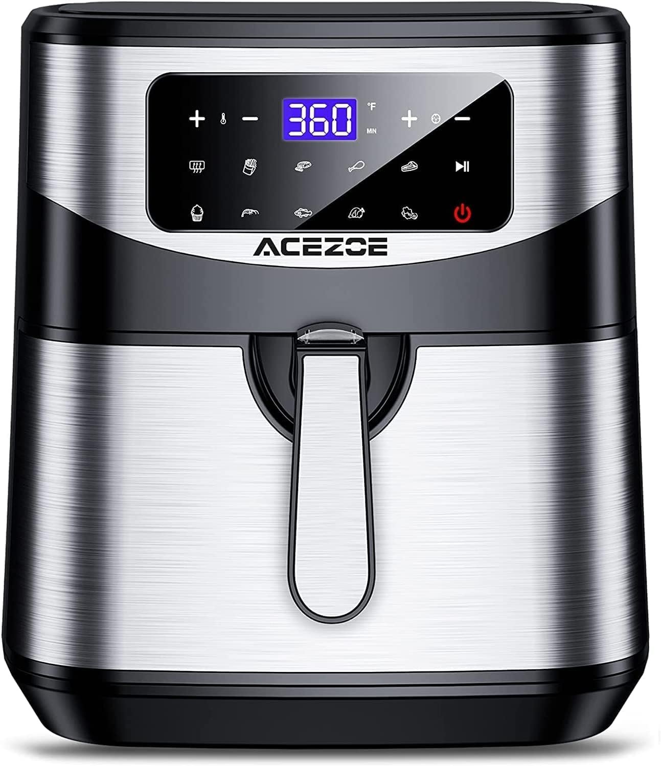 Acezoe 7.4QT Stainless Steel Air Fryer, Powerful 1700W, 9 Preset Cooking Programs, LED Touch Screen, Non-Stick Coating, 43 Recipes, Easy to Clean, Auto Shut-Off