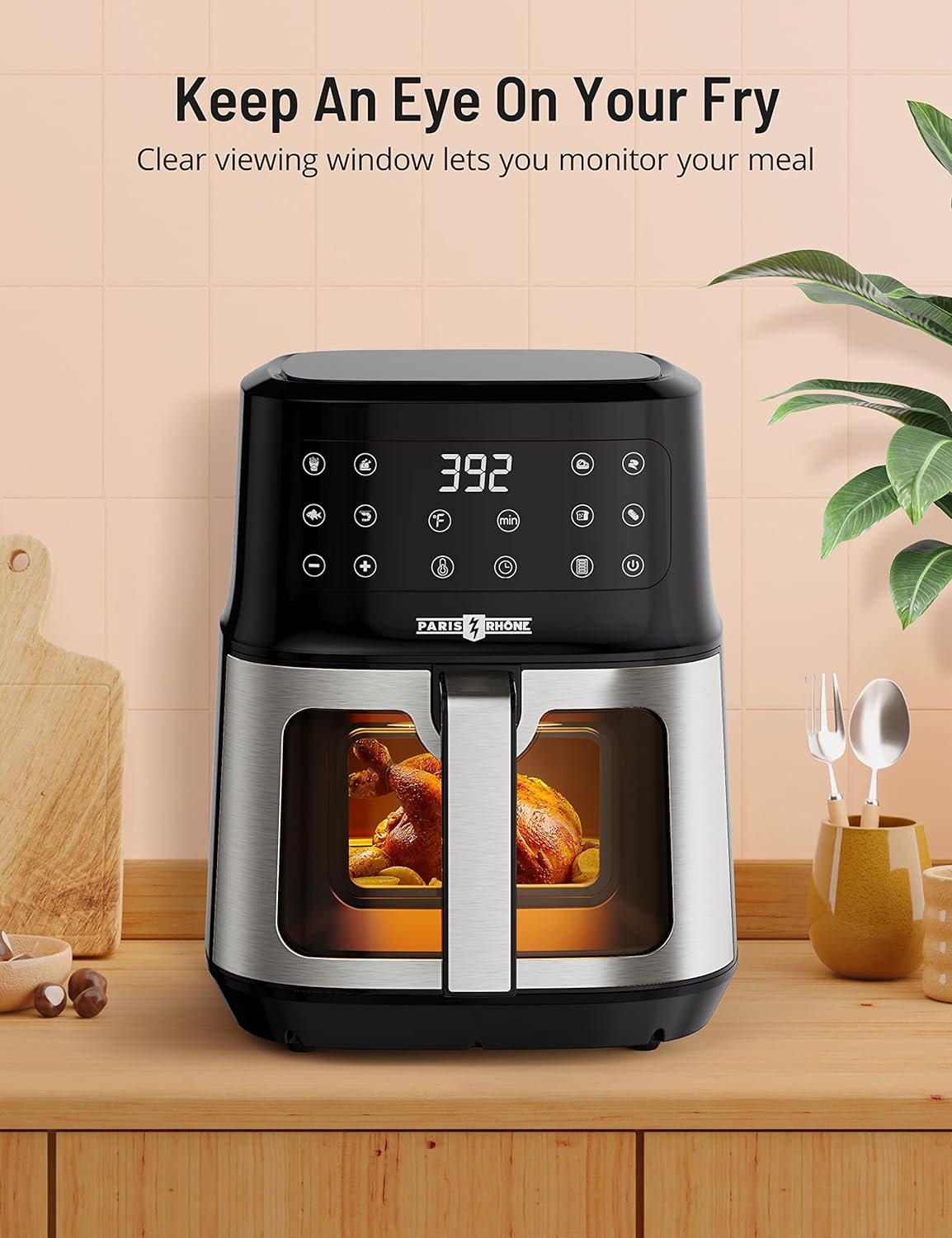 Air Fryer, PARIS RHÔNE 5.3 QT with Viewing Window  Ceramic Coated Non-Stick Basket, Large Air Fryer Oven with 8-in-1 Functions One Touch Control, NO Pre-heating, with Detachable Tray Easy to Clean