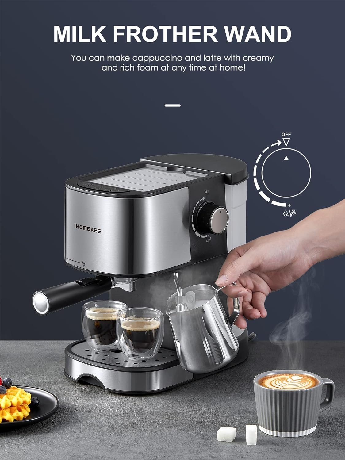 Ihomekee Espresso Machine 15 Bar Pump Pressure, Espresso and Cappuccino Coffee Maker with Milk Frother/Steam Wand for Latte, Mocha, Cappuccino, Silver - CM6826T