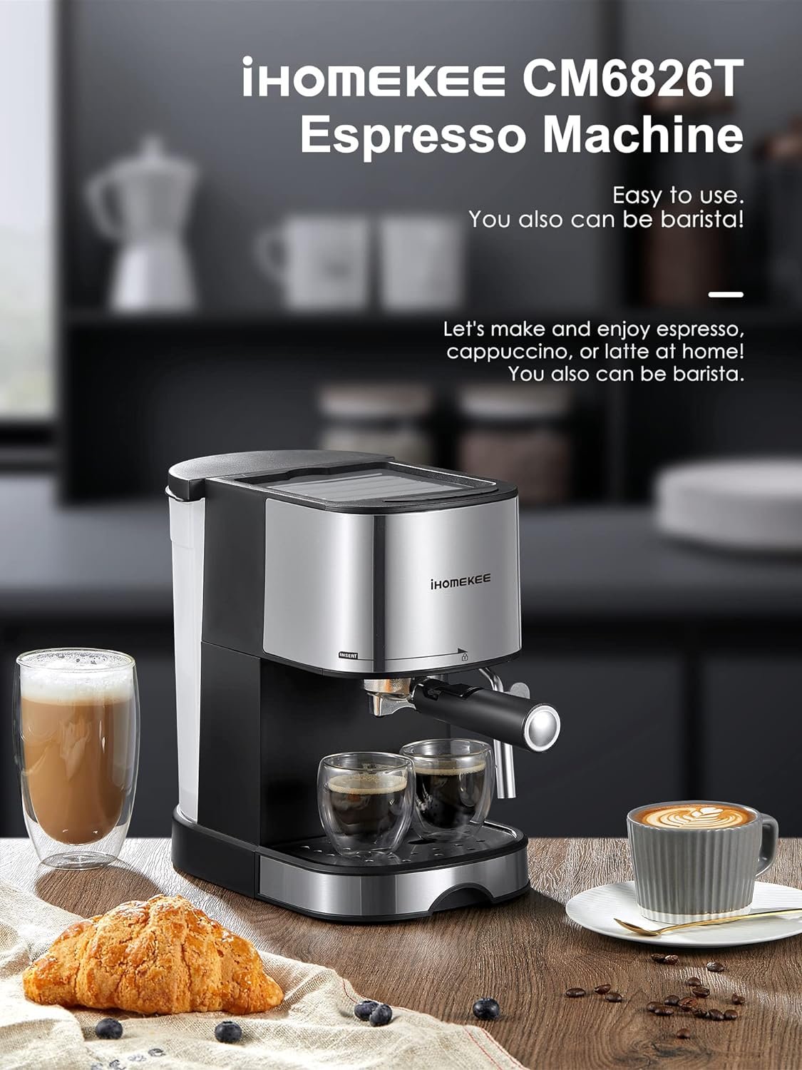 Ihomekee Espresso Machine 15 Bar Pump Pressure, Espresso and Cappuccino Coffee Maker with Milk Frother/Steam Wand for Latte, Mocha, Cappuccino, Silver - CM6826T