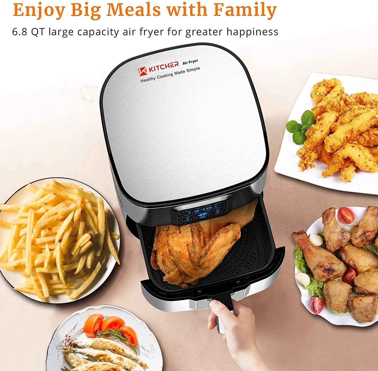 Kitcher3.5Qt Air Fryer LED Touch Digital Screen Hot Air Fryers Oven Oilless Cooker with Temperature Control 60 Minutes Timer Non-stick Fry Basket 50 Recipes Auto Shut Off Feature (Black)