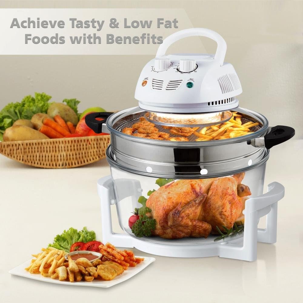 NutriChef Halogen Oven Countertop Air Fryer - 1200W 13QT Infrared Convection Cooker w/ Stainless Steel Cooking Bowl For Healthy Meals, Great for Chicken, Steak, Fish, Ribs, Shrimp, More -AZPKAIRFR48