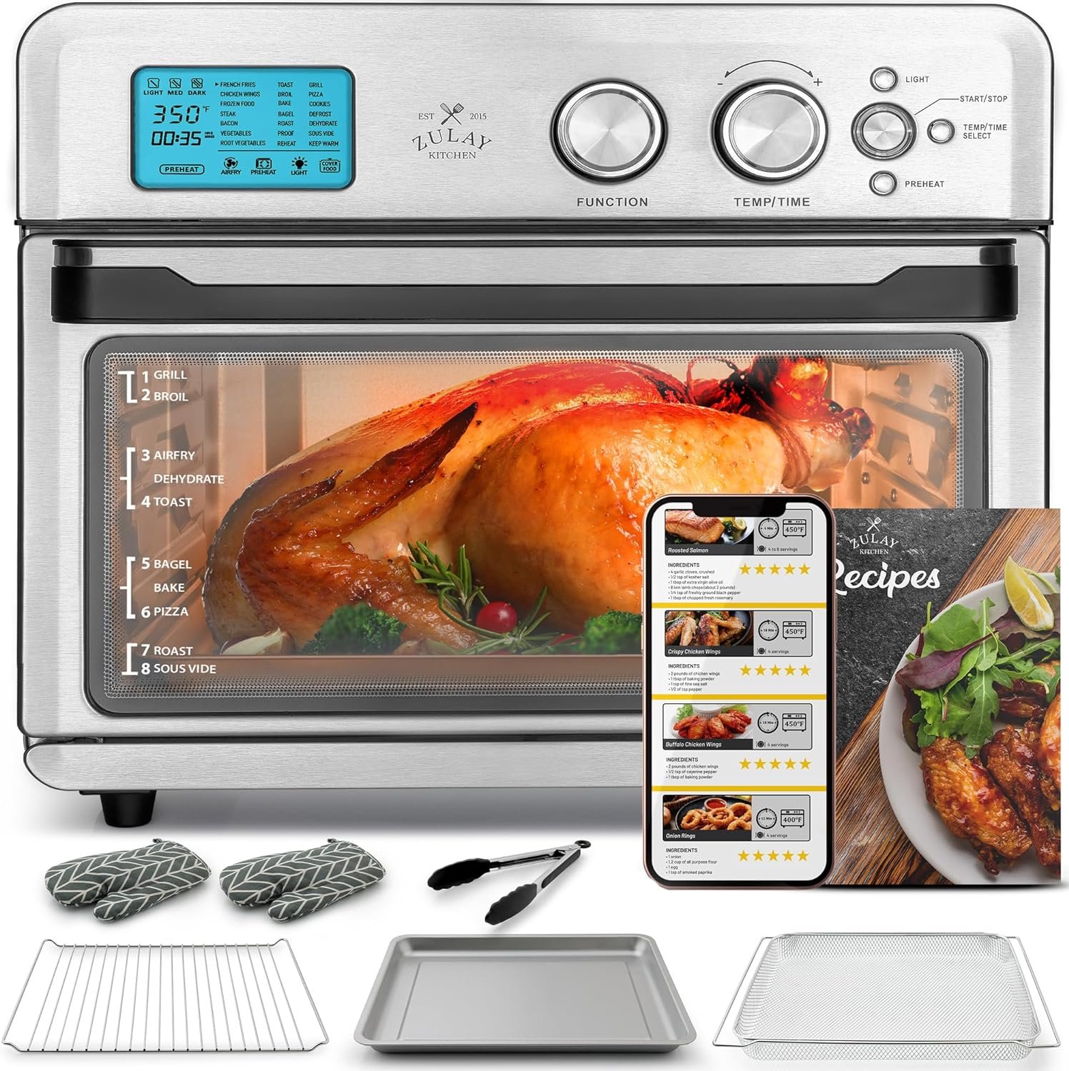 Zulay Large Countertop Air Fryer - Stainless Steel Airfryer Toaster Oven Combo with 21 Functions - 26.4Qt Capacity Stainless Steel Convection Oven with Toast, Bake, Rotisserie  Dehydrate Options