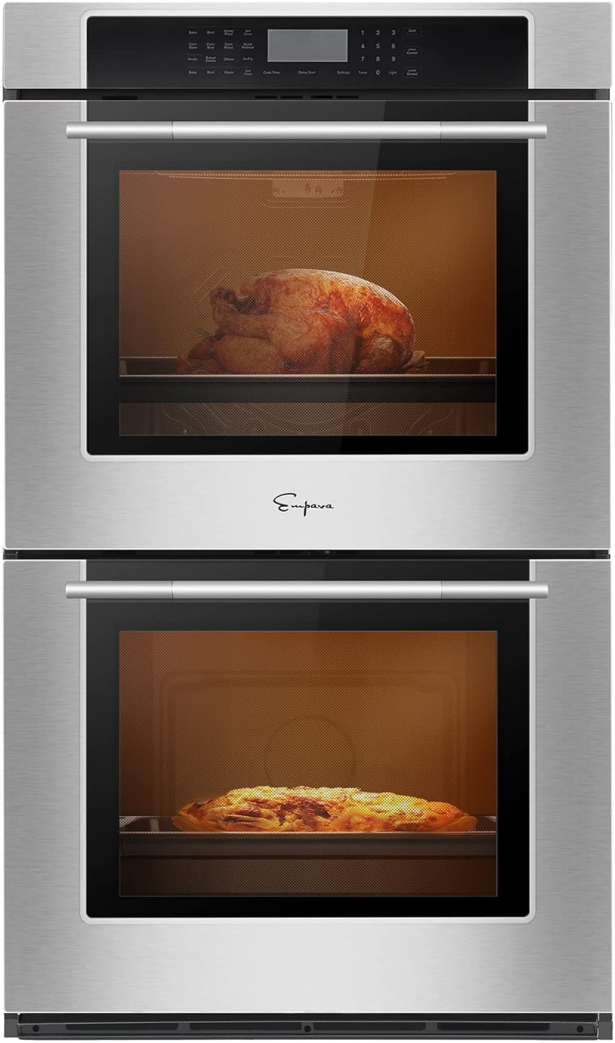 Empava 30 Electric Double Wall Oven Air Fryer Combo Convection Oven Built-in 10 Cooking Functions with LED Digital Display Convection Fan Touch Control in Stainless Steel EMPV-30WO05
