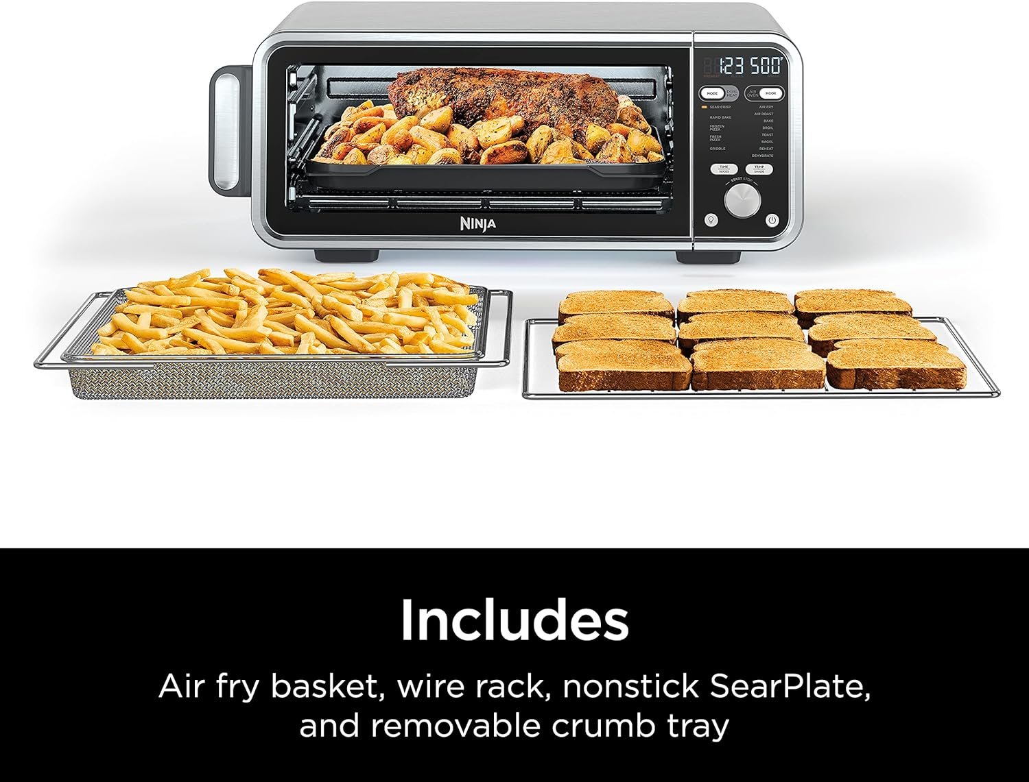 Ninja SP101 Digital Air Fry Countertop Oven with 8-in-1 Functionality, Flip Up Away Capability for Storage Space, with Air Fry Basket, Wire Rack Crumb Tray, Silver